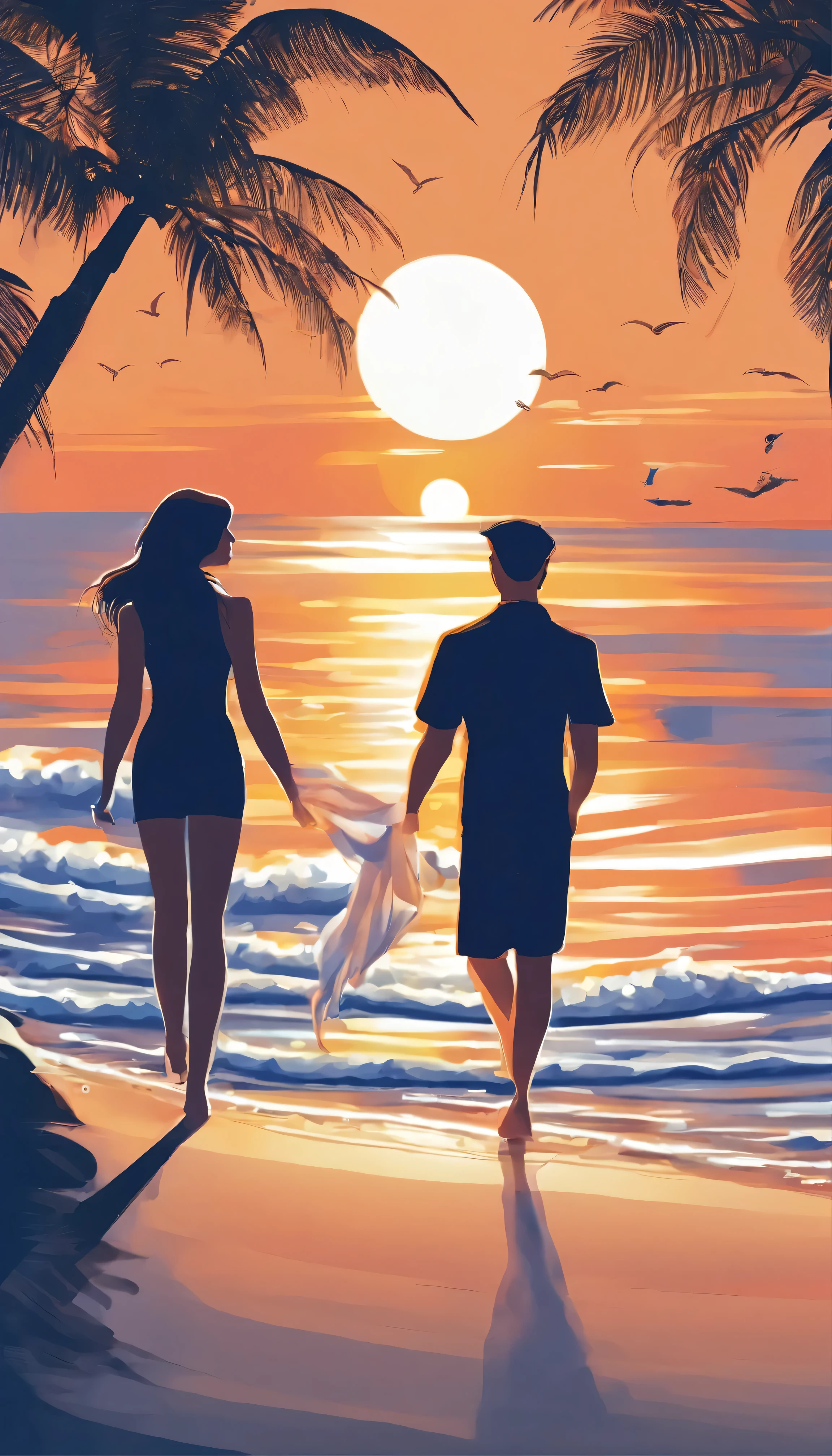 young couple walking along the beach towards the sunset.
