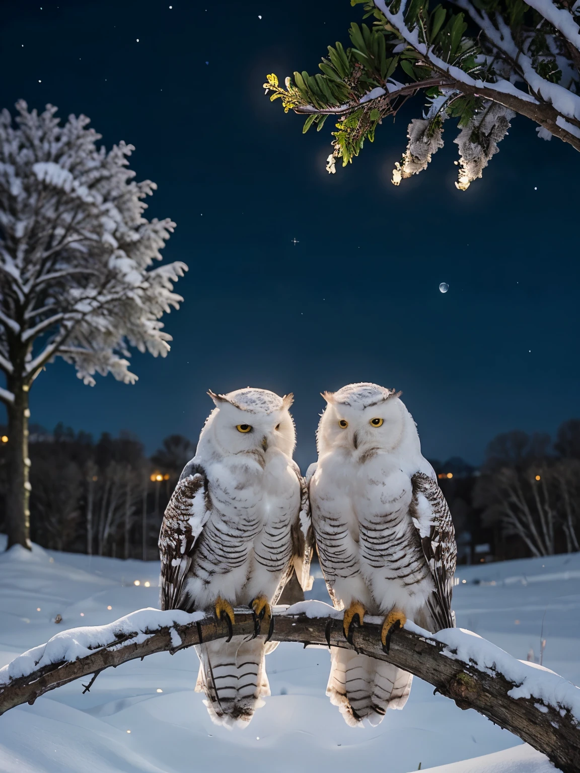 a pair of Snowy Owls snuggled together on a branch of a tree, creating a warm and intimate scene against the cool night backdrop, intricate feathers and soft textures, moonlit night with a clear sky, distant farm visible in the background, peaceful atmosphere with a hint of rural charm, realistic portrayal of the owls' bond and comfort, subtle lighting enhancing the cozy feel, capturing the beauty of nature's harmony and companionship under the starry night sky.