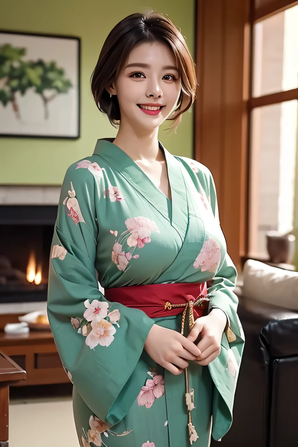 (1 Ultimate Beautiful Mature Woman), hyperdetailed face, Detailed lips, A detailed eye, double eyelid, Brunette Bob Hair, (grin), ((Beautiful teeth)), large full breasts,　(((She、Wearing a Japanese kimono made of sooty green fabric with a luxurious and delicate floral pattern))), (Tightly close the collar of your kimono with double layers.), ((Tighten your red Japanese obi)), (((Cowboy Shot))), perfect bodies, face perfect, Perfect fit, ((depth of fields)), Perfect image realism, (((Background with:Living room of the house)))、Detailed Background with, detailed costume, Perfect litthing、Hyper-Realism、Photorealsitic、8K maximum resolution, (​masterpiece), ighly detailed, Professional