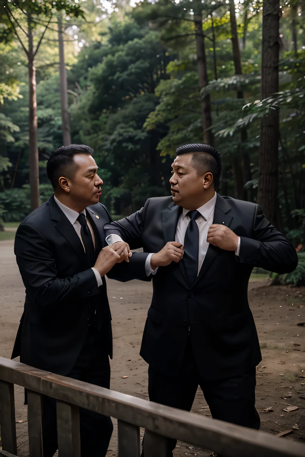 The two wore suits，black tie, Fat Chinese mature round-faced middle-aged man fist fight with security guard in forest