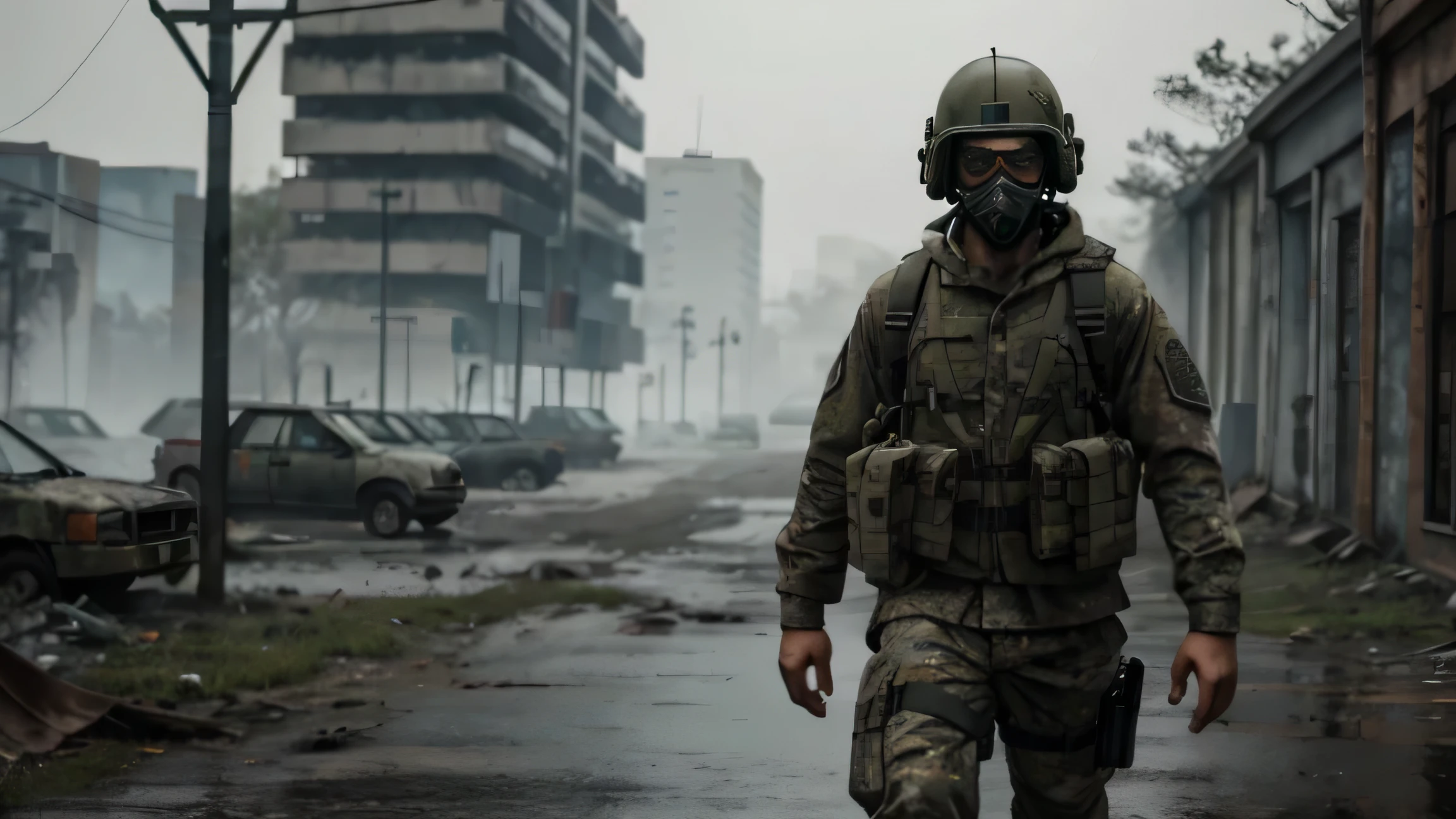 zombie pupet with military clothes post-apocalyptic, numa floresta escura e com neblina, the zombie is wearing worn-out military boots, and the environment is the same as the SCUM game with destroyed buildings, The zombie is wearing a military helmet and a radiation protection mask. em suas costas tem uma mochila militar grande e armas