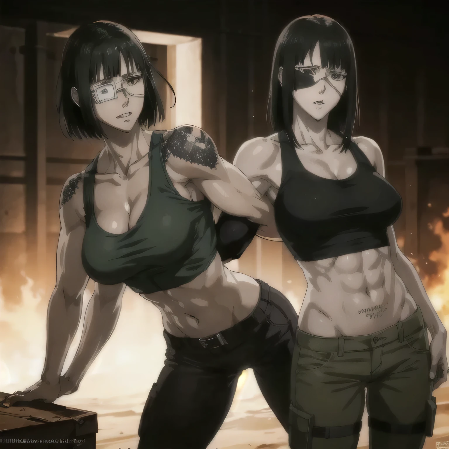 (best quality,ultra-detailed,realistic:1.37), military, muscular girl with sculpted body wearing a tank top, beautiful tattoo on girl's shoulder, full review of the female character's face and body, intense expression, strong and confident posture, studio lighting, vivid colors, physiologically-based rendering, grungy texture, rugged background, dust particles in the air, commanding presence, professional, powerful, gritty aesthetics,six-pack,eye patch,military pants