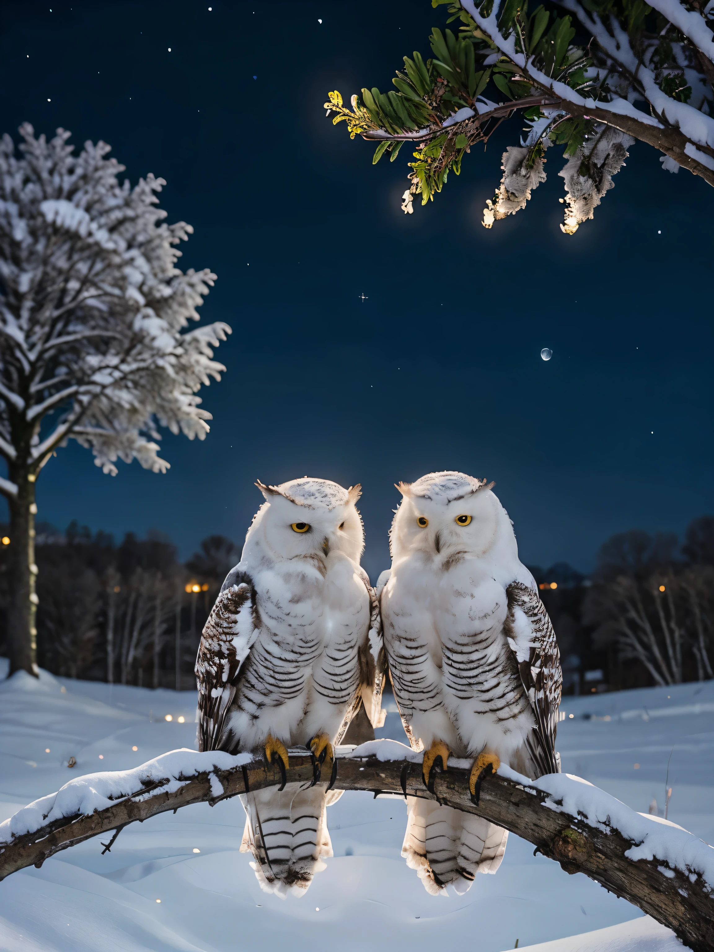 a pair of Snowy Owls snuggled together on a branch of a tree, creating a warm and intimate scene against the cool night backdrop, intricate feathers and soft textures, moonlit night with a clear sky, distant farm visible in the background, peaceful atmosphere with a hint of rural charm, realistic portrayal of the owls' bond and comfort, subtle lighting enhancing the cozy feel, capturing the beauty of nature's harmony and companionship under the starry night sky.