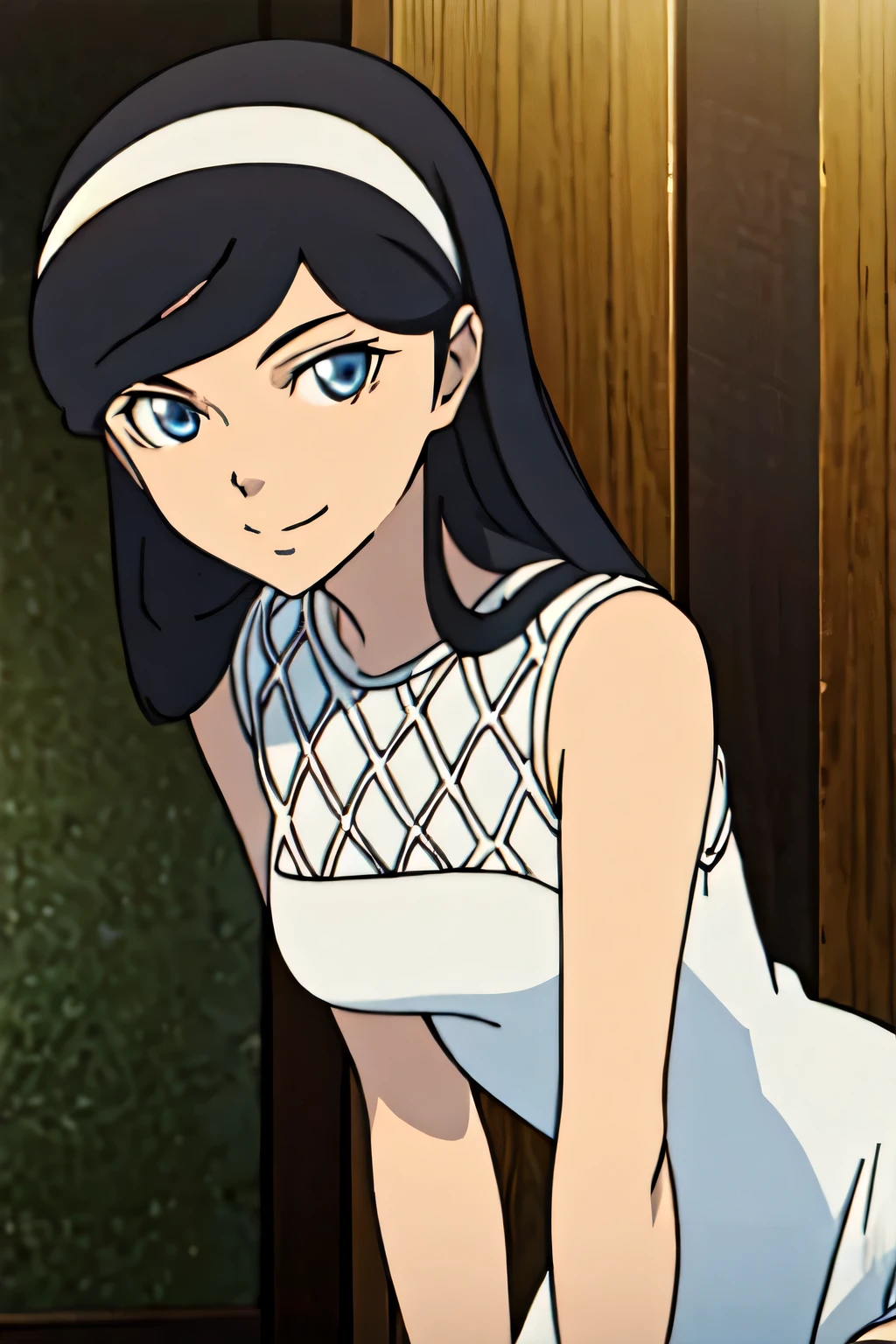 KUMASHIRO MAYA, BLACK HAIR, LONG HAIR, HAIRBAND, BLUE EYES, THIGHHIGHS, BLACK THIGHHIGHS, (WHITE DRESS:1.1), BRACELET, BARE SHOULDERS, 1girl, solo, upper body, facing viewer, (looking at viewer:1.5), in the center, smile
