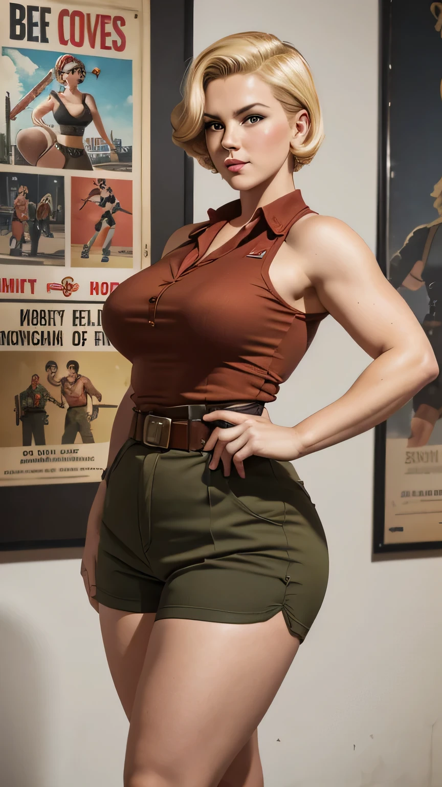 1940s art poster, only 1 woman in photo, pinup, thicc, short pixie dirty blonde hair, 29 year old woman, semi athletic body, 5 foot height, red sleeveless tight shirt, khaki tight shorts, tactical belt, background is a suburb community with houses and grass and streets