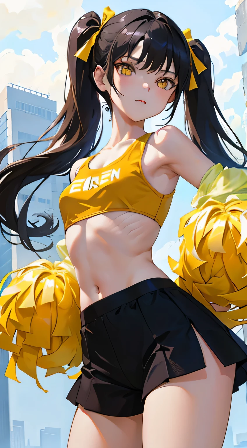 (short with pantyhose cute girl, young studeg delicate girl),(masterpiece,Top quality),Crop Top Look,cheerleader,shorts,long black hair twin tails, yellow eyes, shirtless and with bra