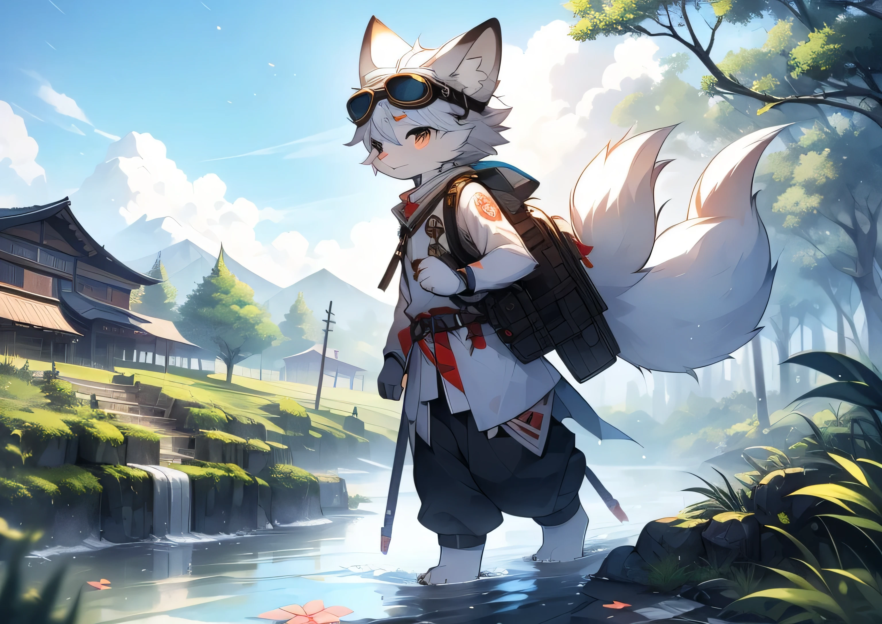 Arctic fox,Lovely,Hanfu,goggles,Backpack,umbrella,side,national style,countryside,landscape,Xiaoqiao,rain,fog,running water,cloudy day,landscape painting,anime style,masterpiece,high quality