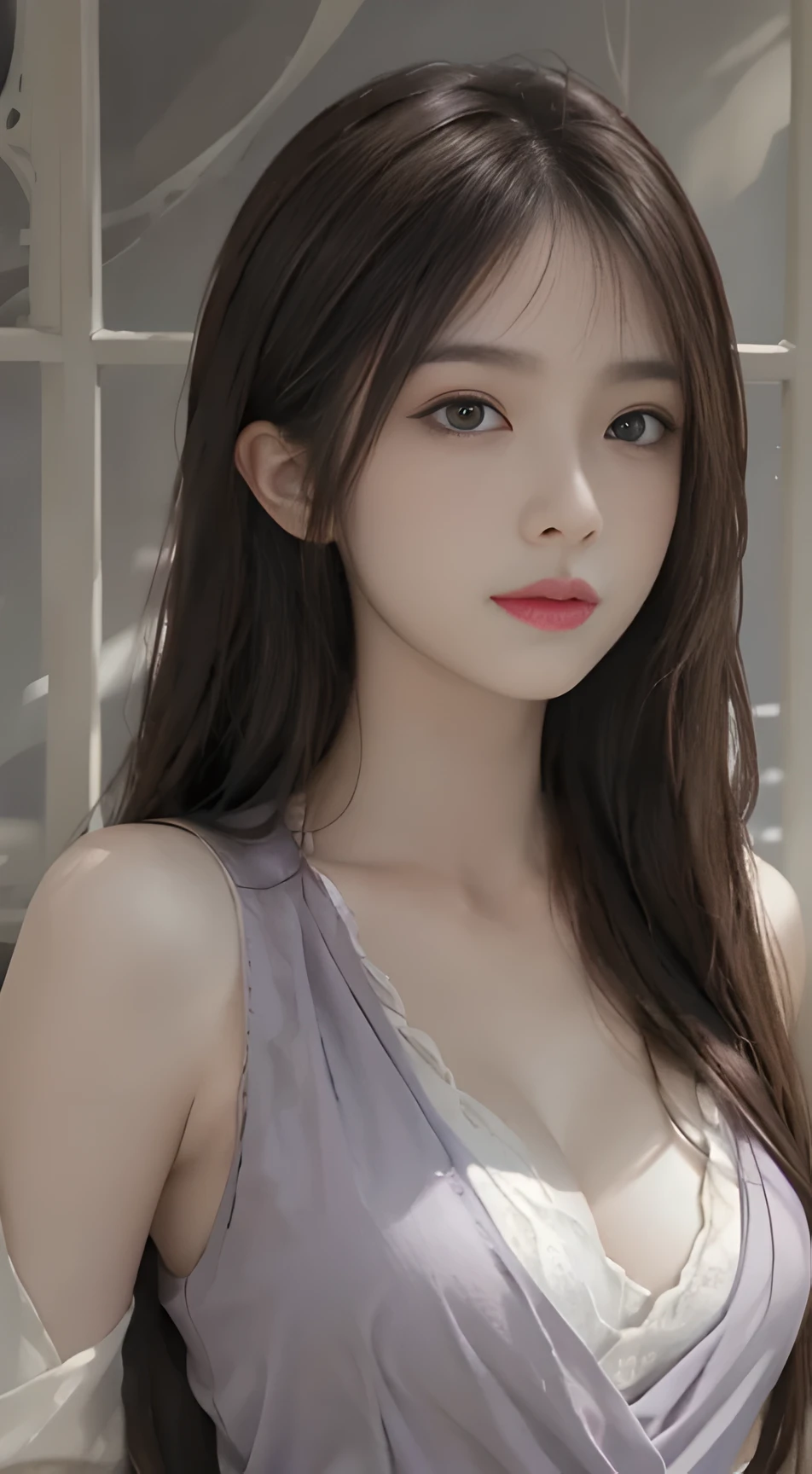 (Ultra Realistic), (Illustration), (Increased Resolution), (8K), (Extremely Detailed), (Best Illustration), (Beautiful and Detailed Eyeest Quality), (Ultra Detailed), (Masterpiece ), ( wallpaper), (detailed face), solo, 1 girl, looking at viewer, fine details, detailed face, in the dark, deep shadows, low key, pureerosfaceace_v1, smiling, long hair, purple shawl straight hair , 46 points oblique bangs, perfect glossy shiny skins, looking at viewer, Sexyly breasts, Exposed cleavage,
