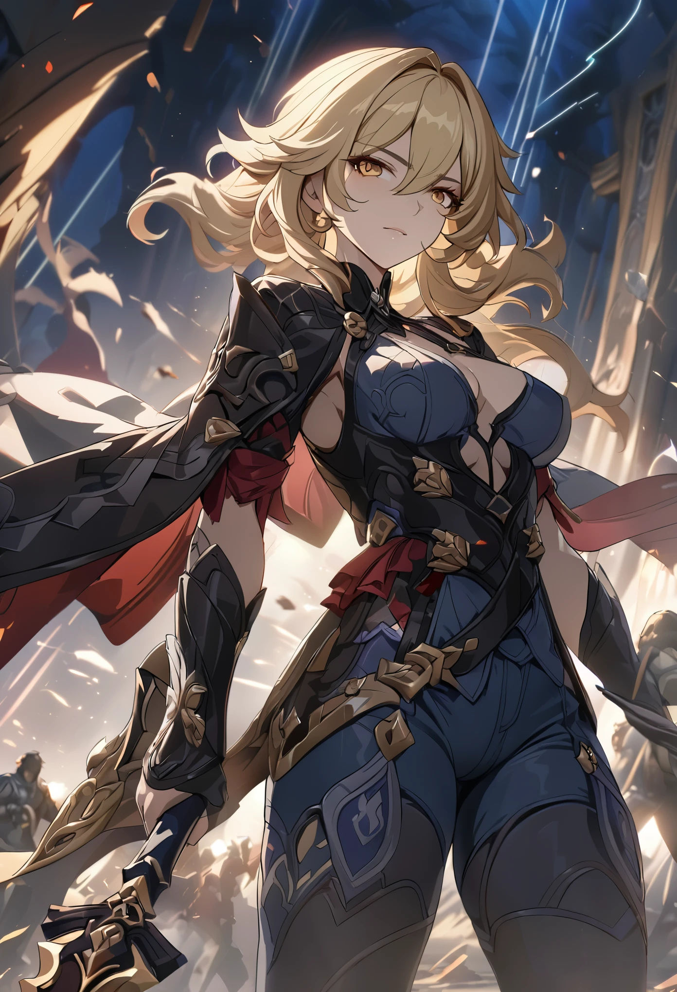 ((solo)), (woman), golden eyes, blonde hair, short hair, wavy hair, messy hair, medium breasts, (mature body), a close up of a person with a spear in a battlefield, detailed key anime art, honkai star trail character, casimir art, masamune shiro, masamune, beautiful woman in demon slayer art, genshin, heise jinyao, shadowverse style, (no logos), fancy clothes, jacket, jeans, eye reflection, depth of field, cinematic lighting, ray tracing, depth of field, cinematic lighting, ray tracing, UHD, high details, best quality, highres, high quality, award winning, super detail, masterpiece, 8k, UHD, high details, best quality, highres, high quality, award winning, super detail, masterpiece, 8k