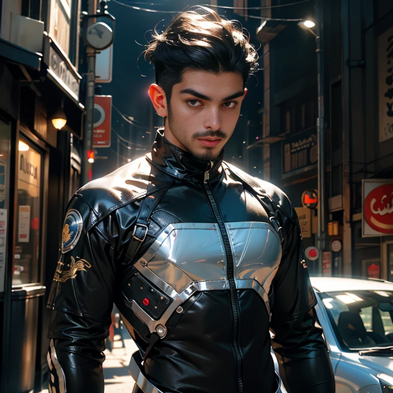 chr0me4rmor, photo of a (Iranian man), wearing chrome bodysuit, fantasy scifi background, city, street, dynamic pose, realistic, masterpiece, intricate details, detailed background, depth of field,