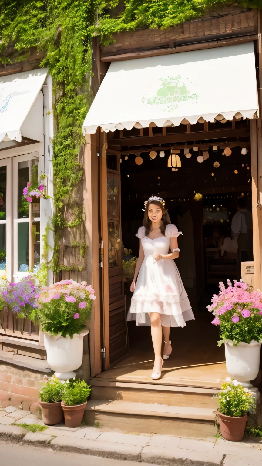 a princess walks through a villaa princess walks through a village followed by her cute bunnies. summer, flowers, shops with festively decorated windows.ge followed by her cute bunnies