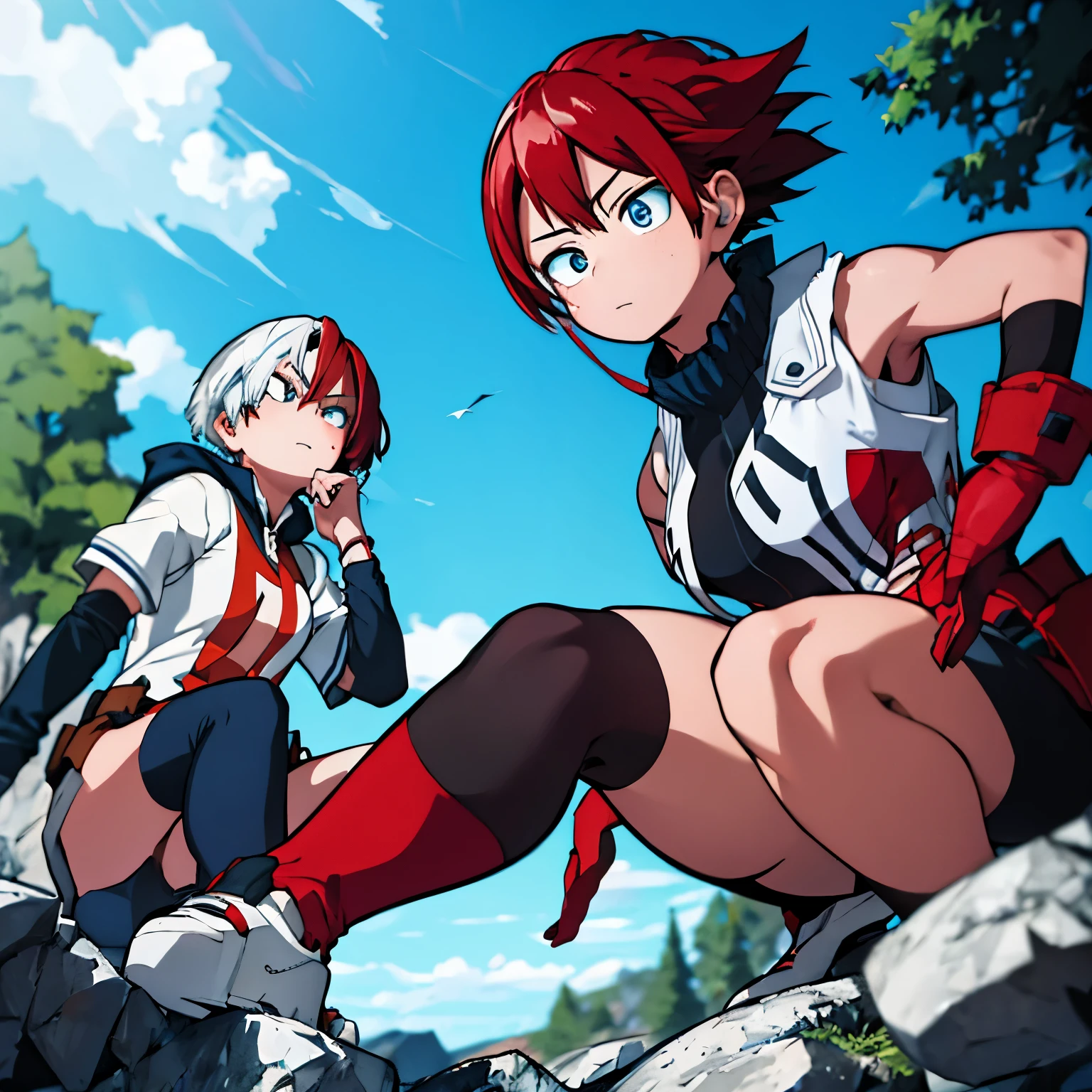 Captura de pantalla del anime My Hero Academia, toma larga, full body woman of indigenous ethnicity., piel clara, adolescente, short shoulder length ruby red hair,liso con flequillo, ojos marrones rasgados, two piece hero suit, camisa roja corta, guantes negros, minifalda con dobladillo negro, medias hasta la rodilla y botas negras,  is looking and holding hands with muscular white Shoto Todoroki, cabello mitad izquierda mitad blanco mitad derecha rojo liso, with heterochromia, marca roja en la cara with heterochromia ojo izquierdo gris oscuro, ojo derecho azul, con una marca roja en el rostro del lado derecho, tez  blanca, enteriso azul. en un bosque de cerezos