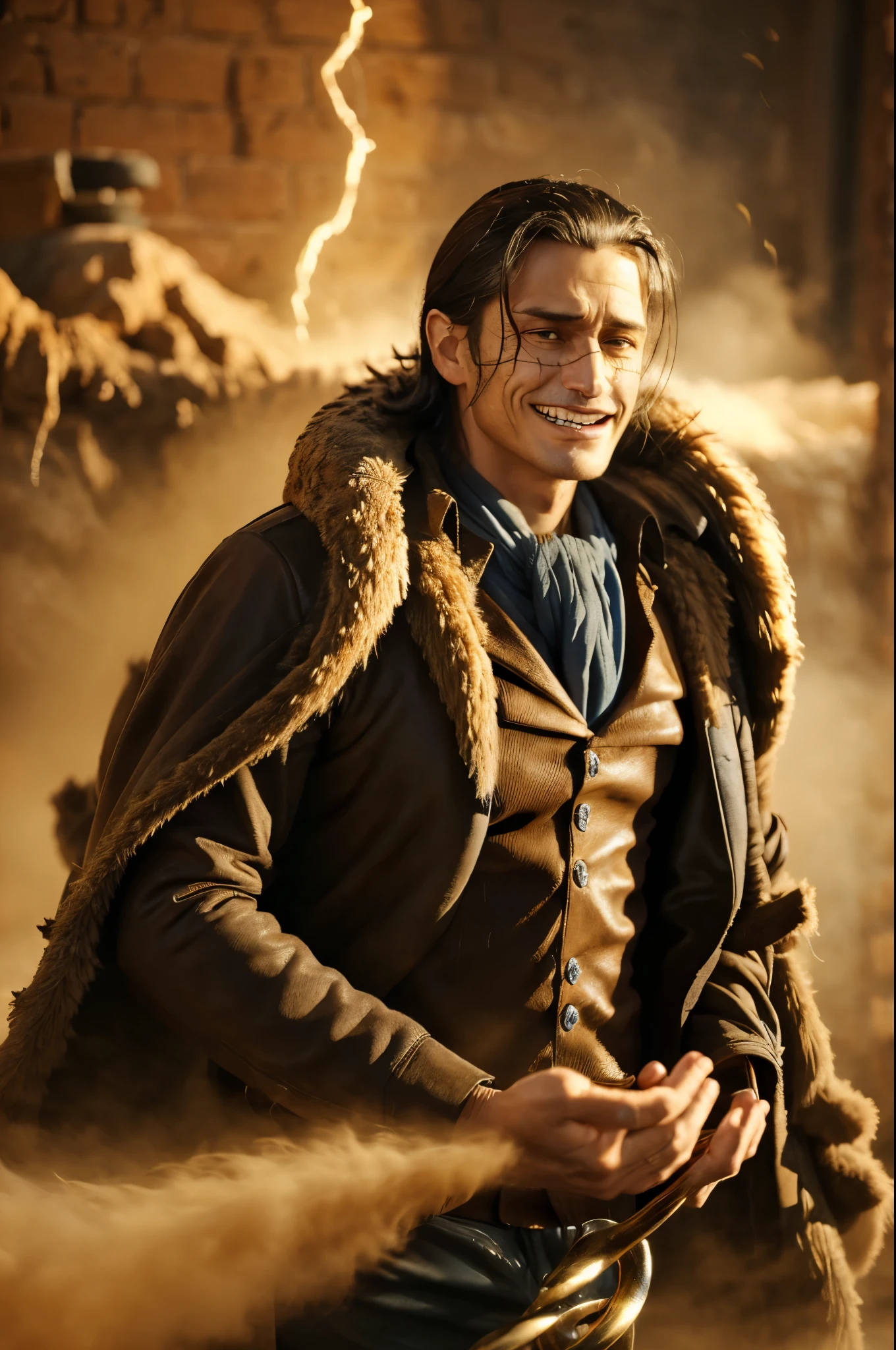 masterpiece, best quality, extremely detailed, hyperrealistic, photorealistic, a cool 40s man, ultra detailed face:1.2, fur-trimmed coat, scarf around the neck, his left hand is a golden pirate hook:1.1, sly smile, in sandstorm