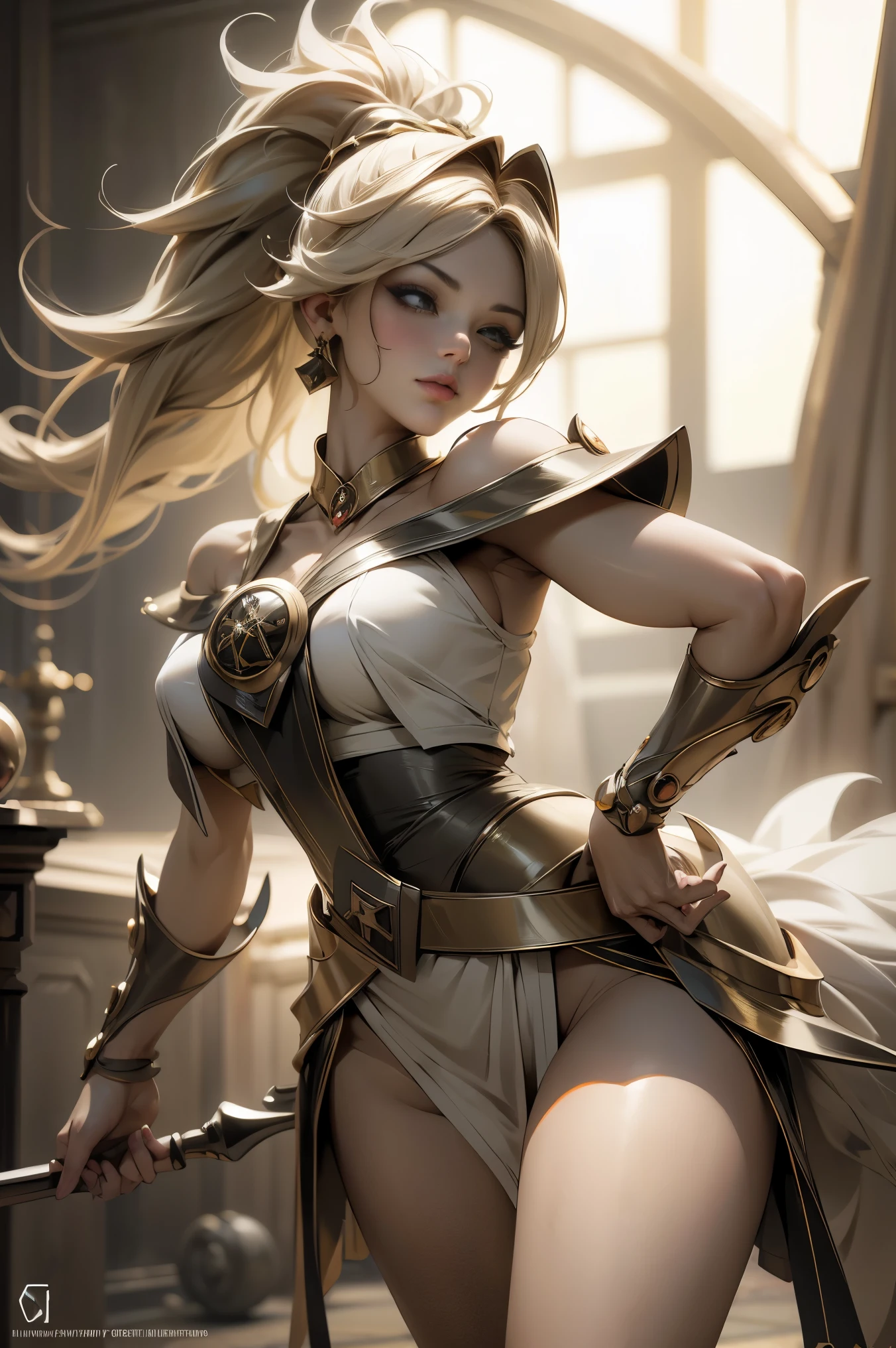 solamente, super fine photo, Unreal Engine 5 8K UHD digital artistic portrait of a girl, Arte conceptual, character concept design, usando un apretado, bright white dress with metallic details, corona de oro, ojos azules, fantasy princess, guante metalico, cabello largo y rubio, La mejor calidad, Obra maestra, super detailed, sharp focus, pose Sujestiva y sexy y inocente y