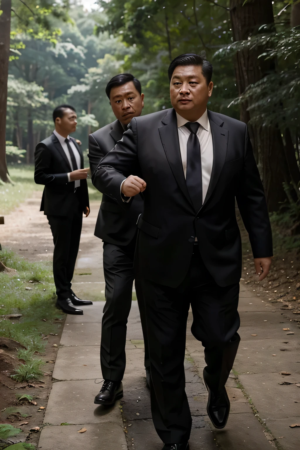 The two wore suits，black tie, Fat Chinese mature round-faced middle-aged man fist fight with security guard in forest