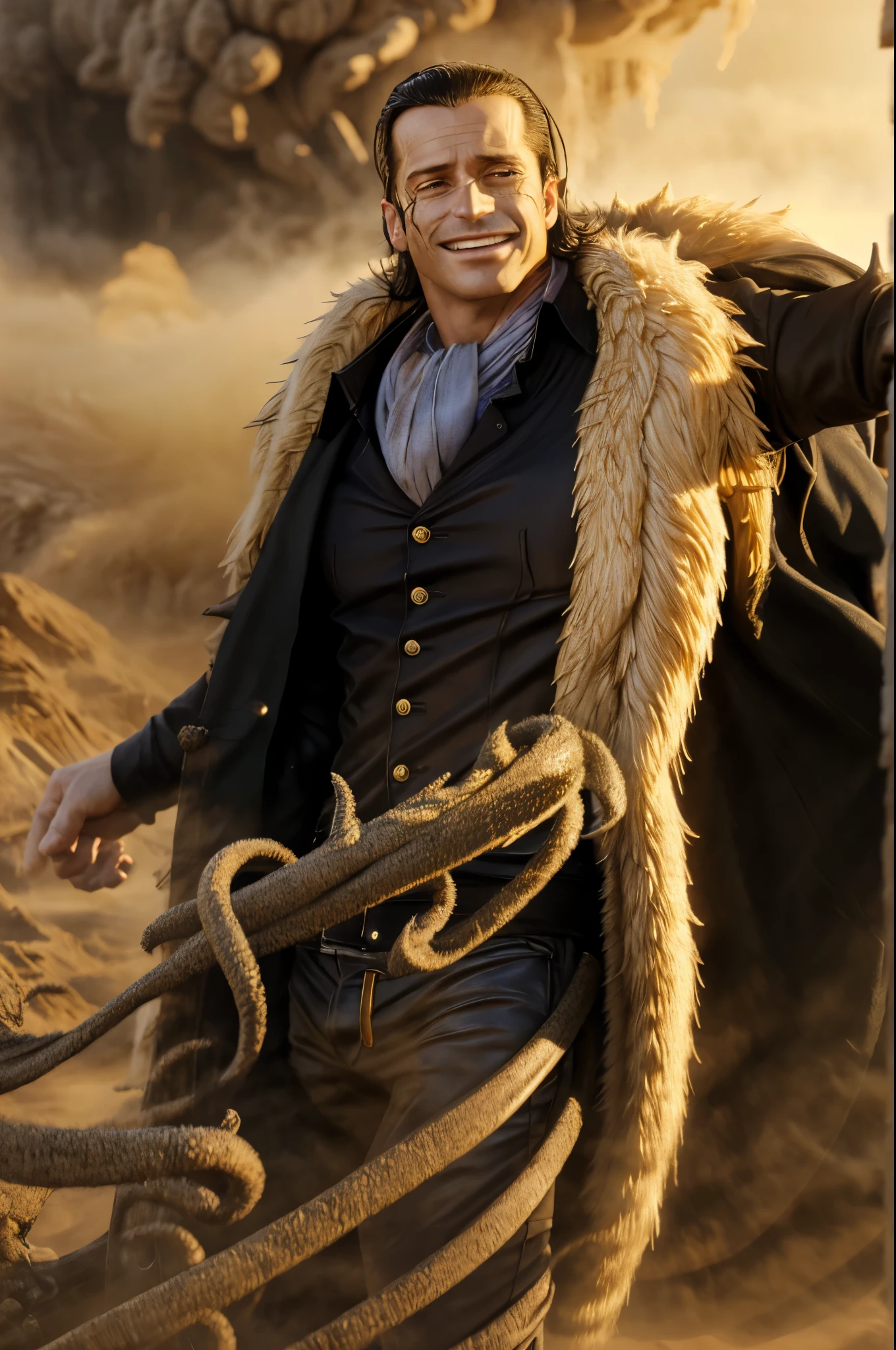 masterpiece, best quality, extremely detailed, hyperrealistic, photorealistic, a cool 40s man, ultra detailed face:1.2, fur-trimmed coat, scarf around the neck, his left hand is a golden pirate hook:1.1, sly smile, in sandstorm
