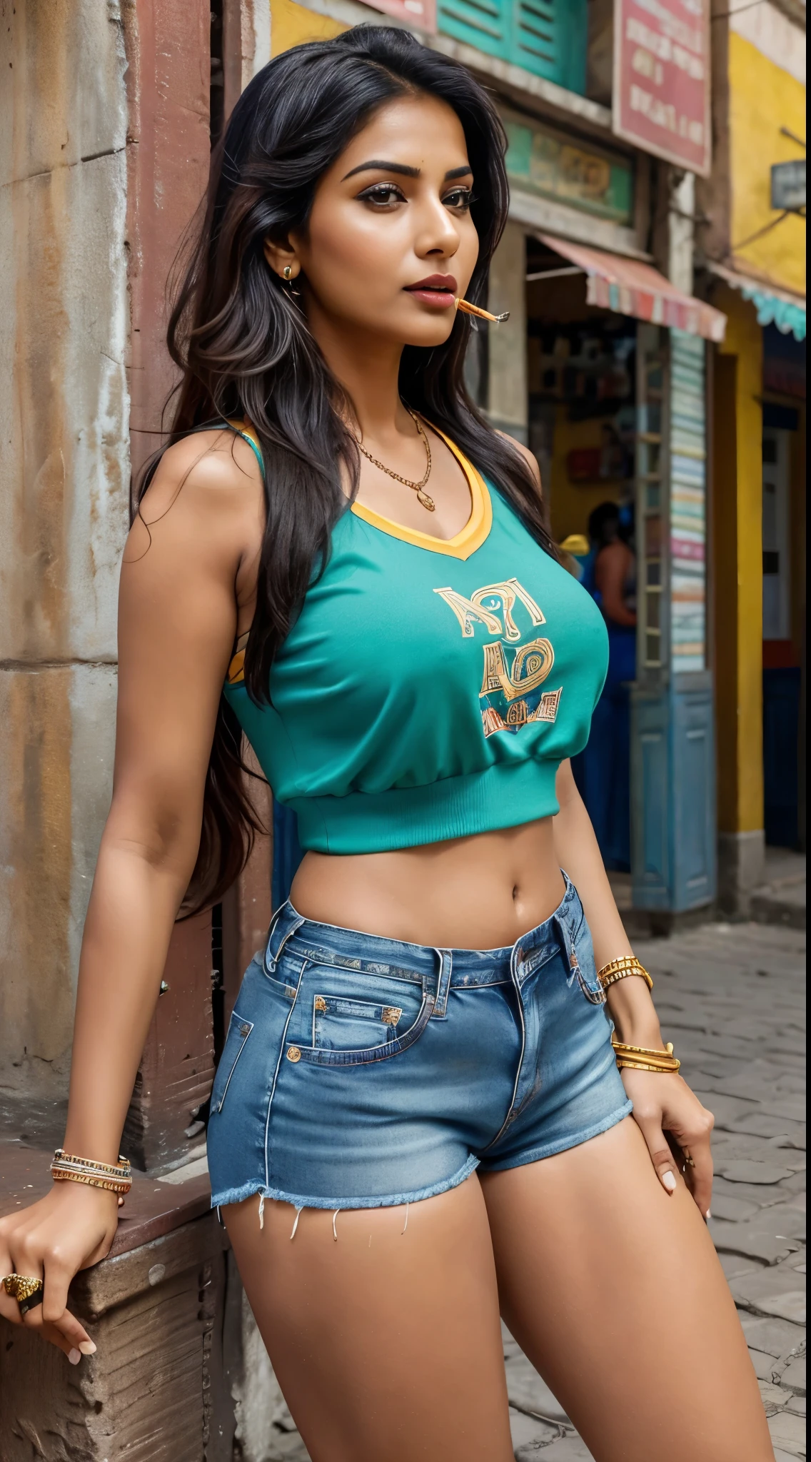 In this realistic still image, an Indian milf girl stands out with her captivating style. She confidently dons a trendy top and shorts jeans, showcasing her irresistible charm and seductive legs. The scene is set in a vibrant street, immersing the viewer in the lively atmosphere as she casually smokes tobacco