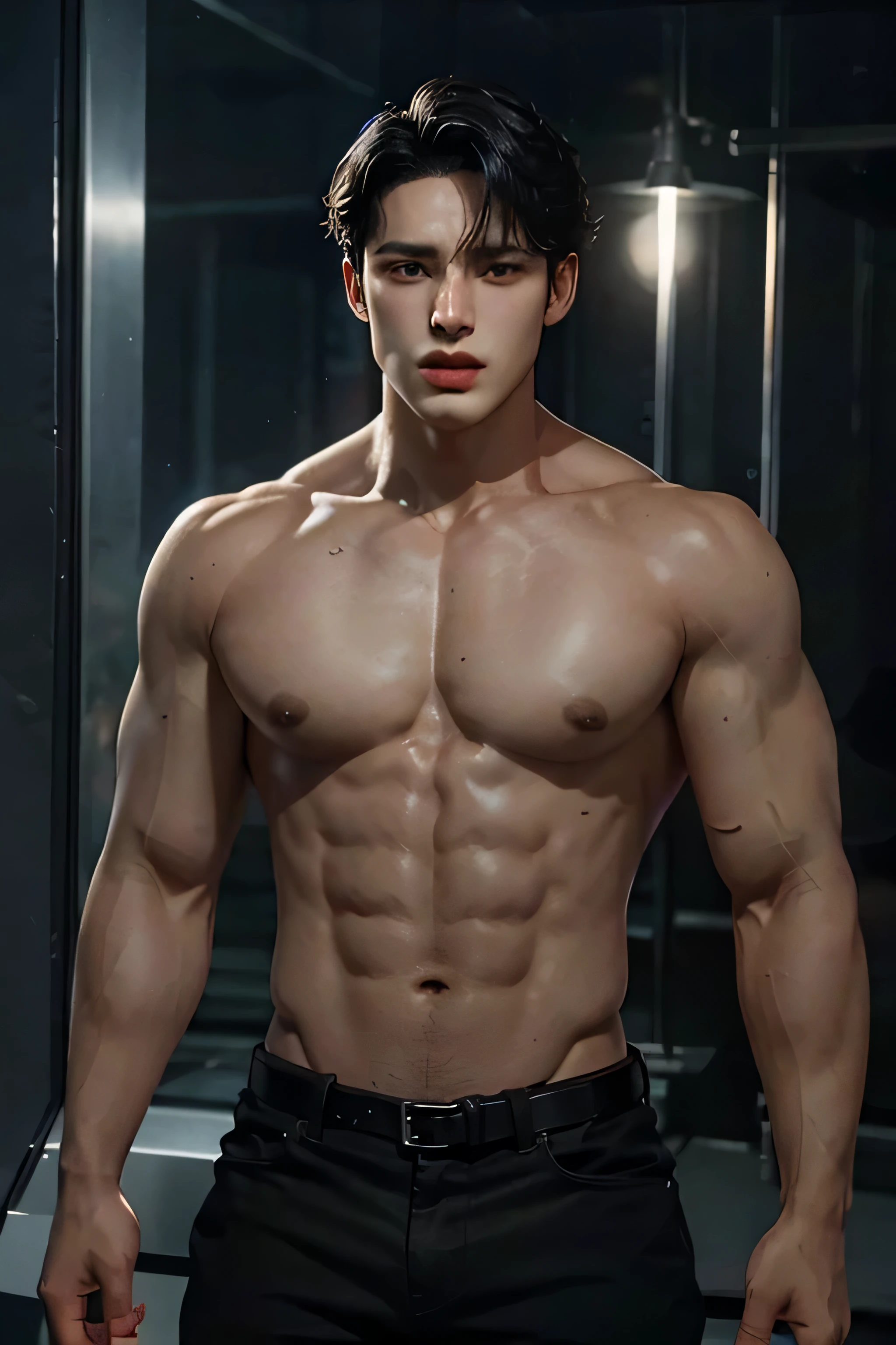 Young Bruce Wayne man black hair, big muscular body, in topless, in dark room