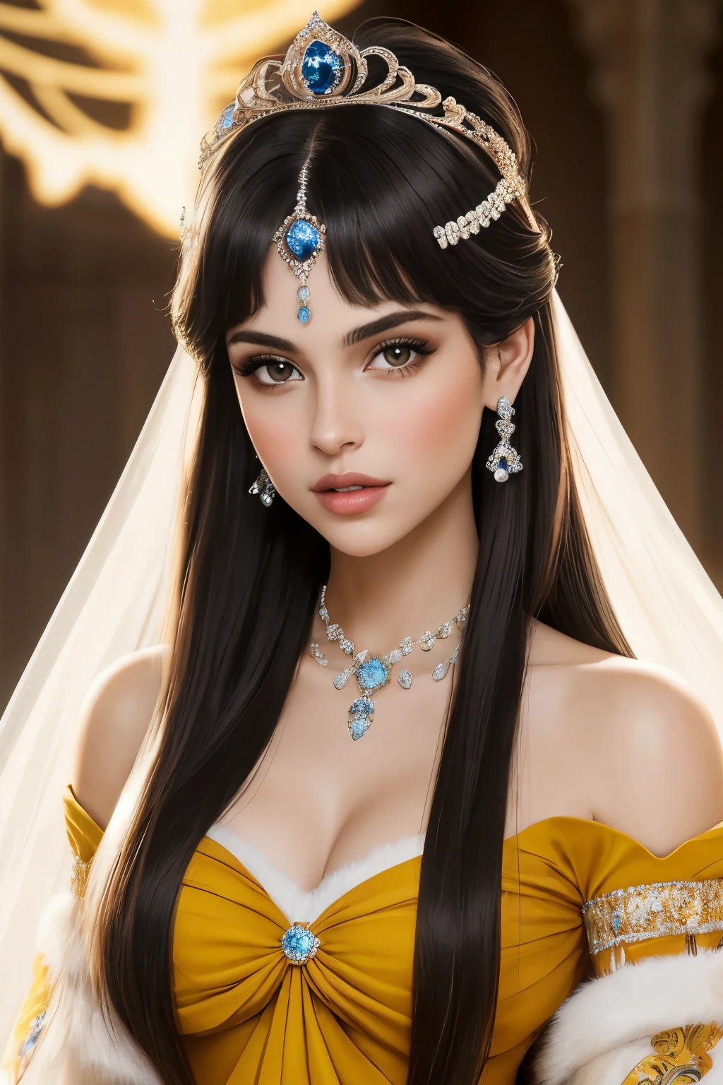 A princess named Dakota would probably have an exotic and captivating appearance. Ela poderia ter cabelos escuros e longos, com olhos expressivos e uma pele radiante. Seu estilo de vestir poderia combinar elementos tradicionais e modernos, reflecting your unique and strong personality.