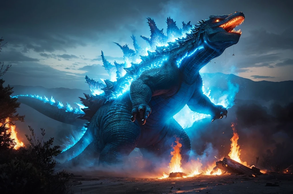 (masterpiece), (best quality), (very aesthetic), (ultra-detailed), (best illustration), realistic, wide angle, burning Godzilla, blue fire, blue fire bless, train, researcher lady, people run away,