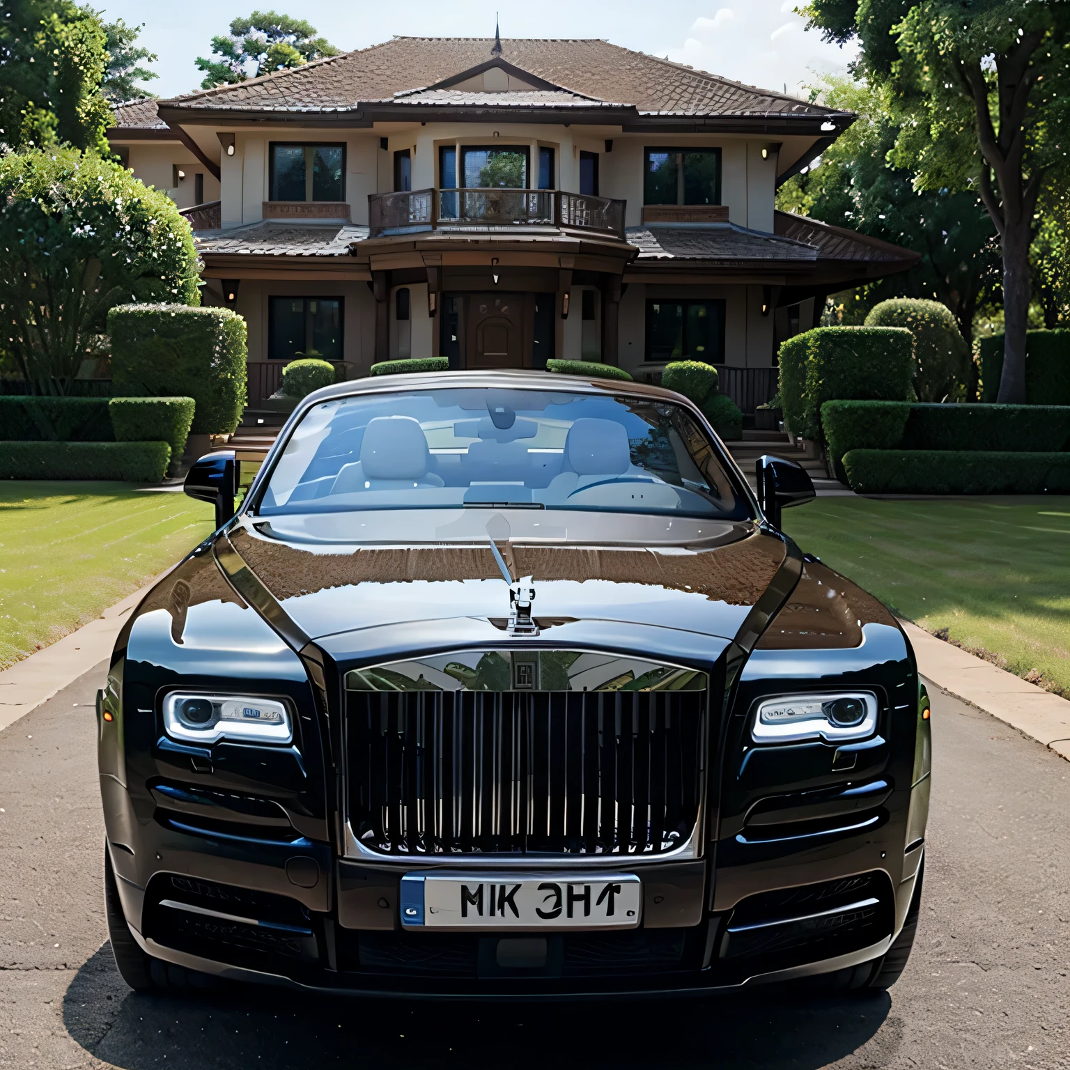 A rolls Royce is stand front of the house 