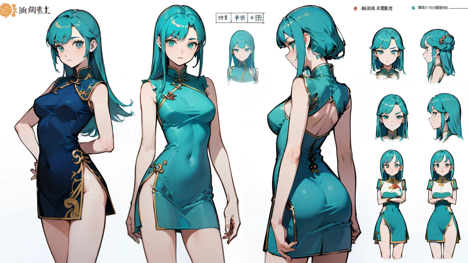 ((highest quality)), ((masterpiece)), ((realistic)) 19 years old, redhead girl, shoulder length hair, relaxed and happy face ((thin)) (Big breasts), ((( Chinese dress turquoise blue short dress))) (((mini skirt))) ((sexy dress)) Odango hairstyle (((detailed character sheet, Front view, Side view, 3/4 view))) (((white background))) 6 and a half whole bodies