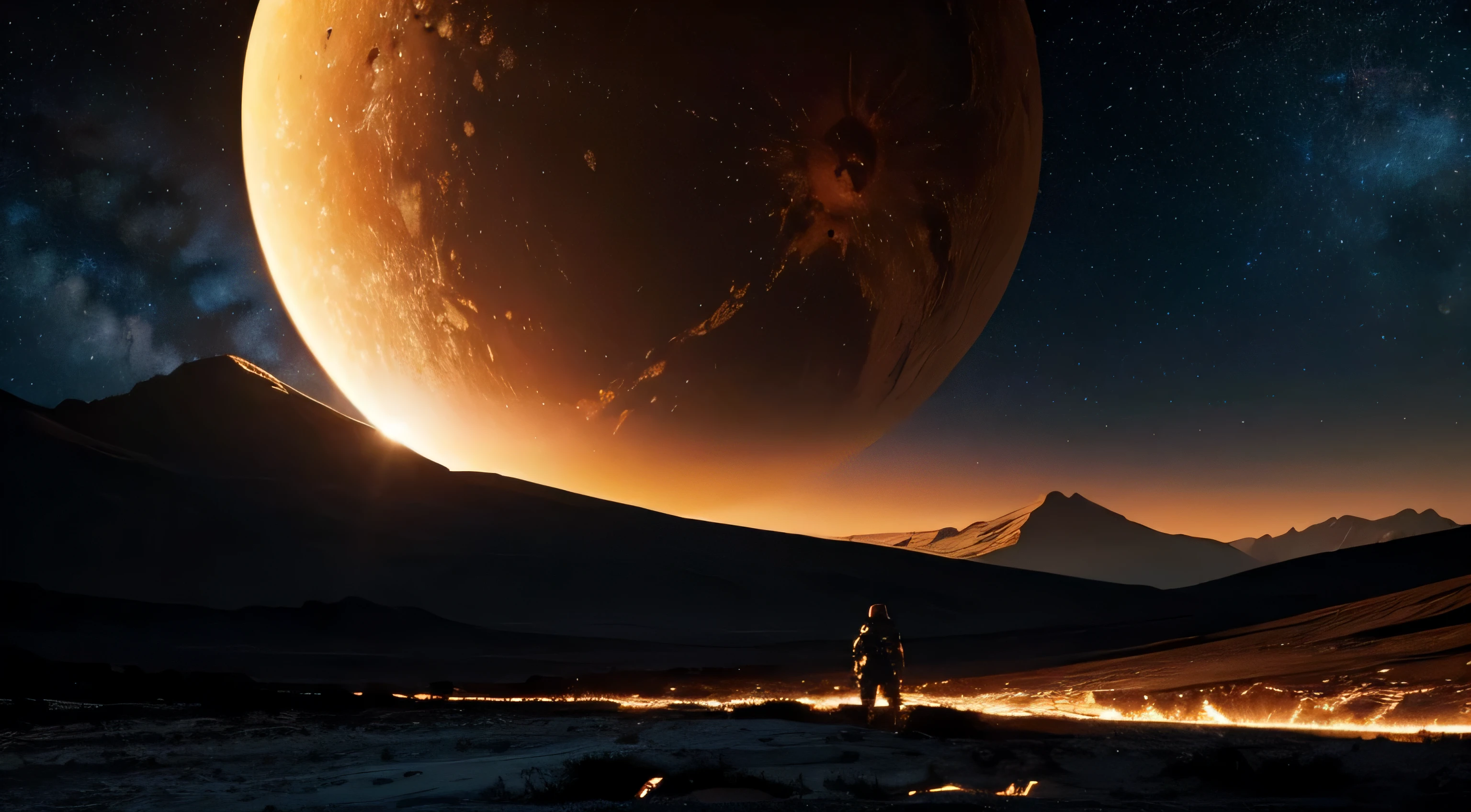 An landscape under the glow of an alien sun, with lava mountains and rocky terrain. Small human with space suit, The sky is clear, showing distant galaxies in the background. A giant wall forms on one side of the scene, while another smaller piece floats nearby. In sharp contrast to its cold exterior, it glows warm inside, casting long shadows over its surroundings. in the style of Gabriele Dell'otto --ar 8:5 .4k