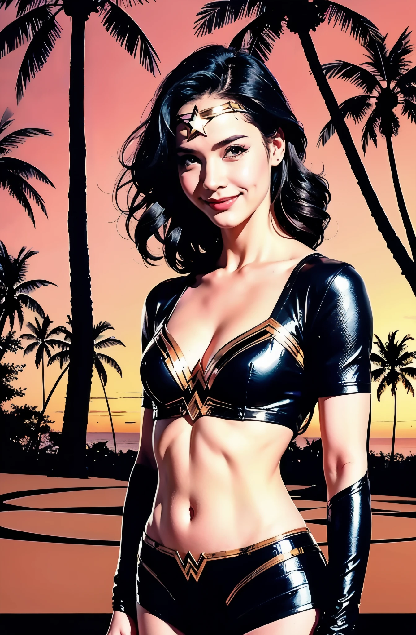 retro girl, smiling, wonder woman, sunset, pink, muscle cars, palm tree, 90's, (flat colors, flat texture, lineart:1.2), graphical design, (heavy ink, ink blacks),
