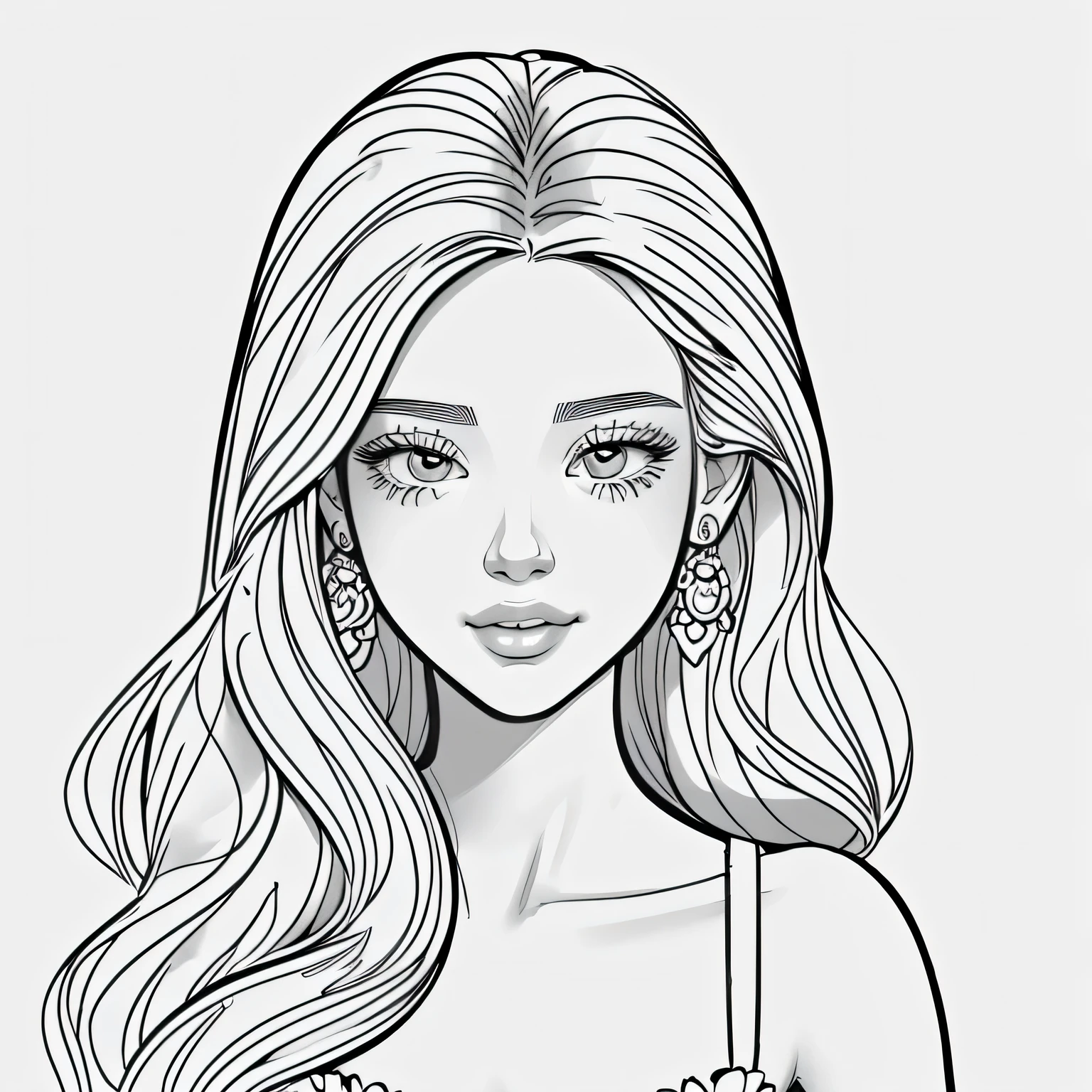 a drawing of a woman with long hair adorned with rose flower and earrings, lineart behance hd, outline art, line art illustration, illustration black outlining, clean coloring book page, black and white line art, bold lineart, illustration line art style, beautiful line art, black line art, bold line art, black and white coloring, coloring book page, line art, coloring book outline