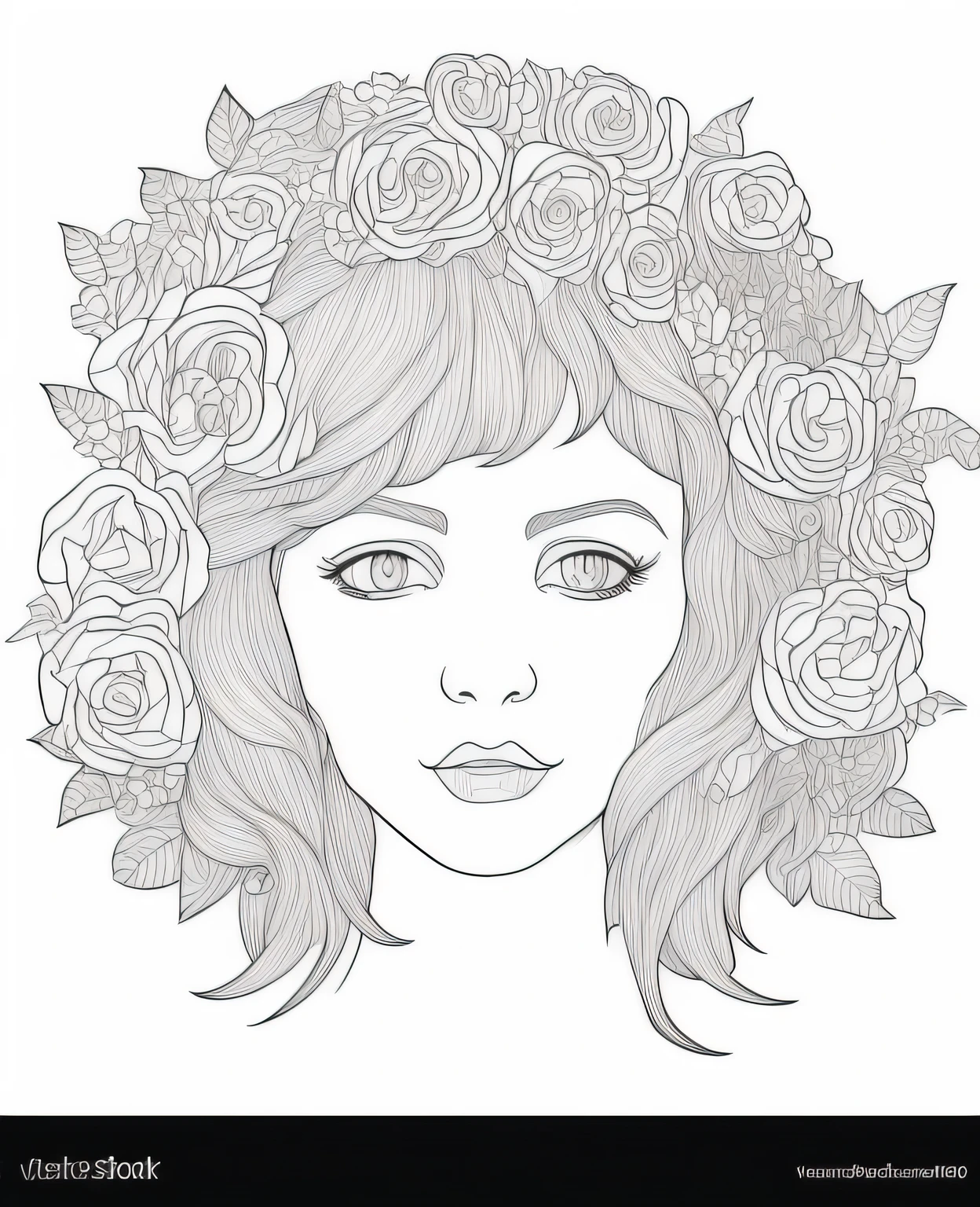 Girl with flowers on the head , b/w coloring book style