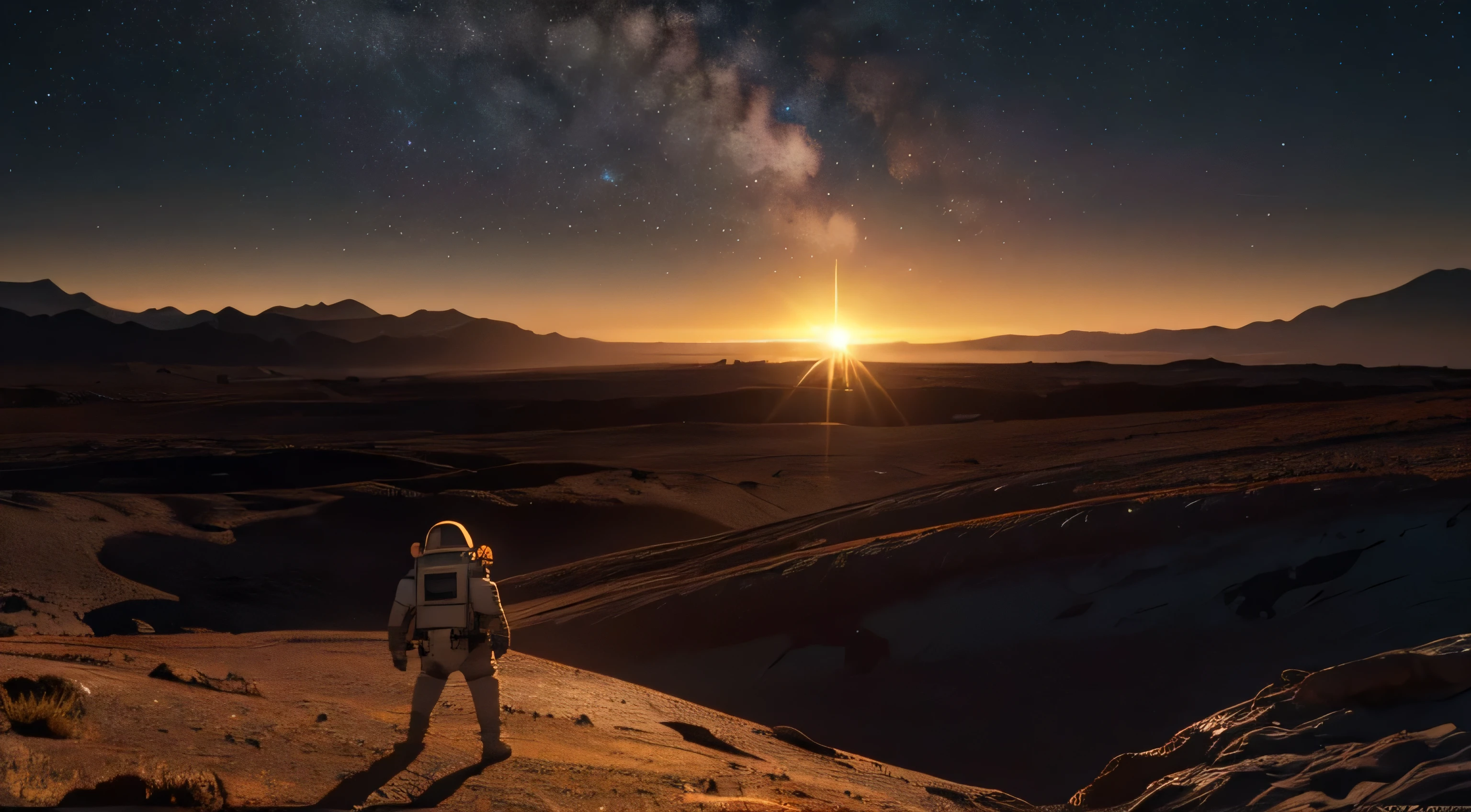 An landscape under the glow of an alien sun, with lava mountains and rocky terrain. Small human with space suit, The sky is clear, showing distant galaxies in the background. A giant wall forms on one side of the scene, while another smaller piece floats nearby. In sharp contrast to its cold exterior, it glows warm inside, casting long shadows over its surroundings. in the style of Gabriele Dell'otto --ar 8:5 .4k