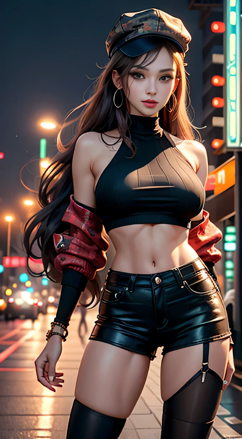 sfw, 1girl, beautiful, smirk, wearing a hat, earrings, red camo sweatshirt, red_legwear, long hair, brown hair, mascara, nose lips, standing, midriff, naval, earrings, (realistic:1.5), cyberpunk, neon city, neon lights, 3d, cgi, volumetric lightning, wearing bra,((skinny waist)), young asian girl, ((big breasted)),