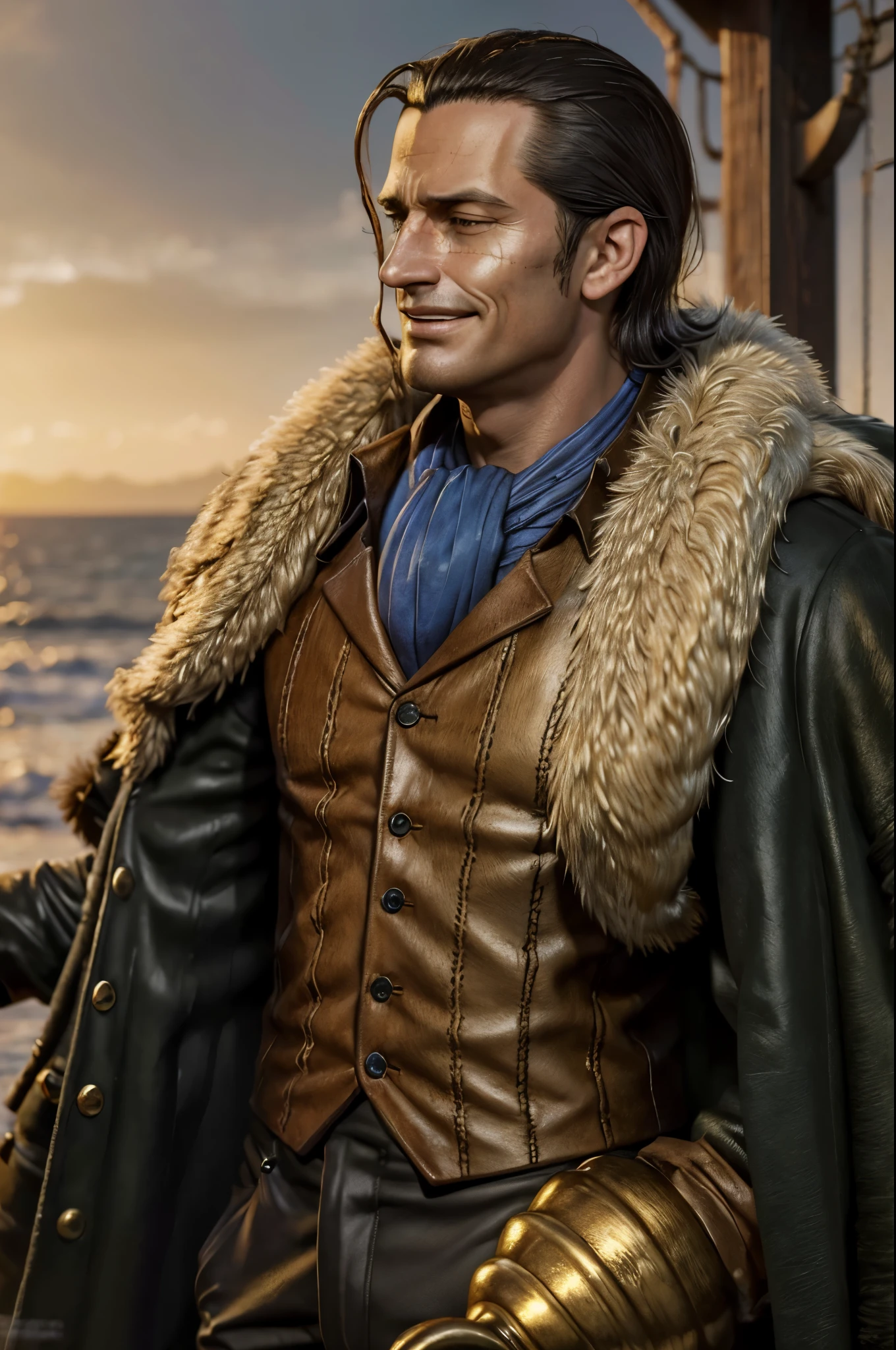 masterpiece, best quality, extremely detailed, hyperrealistic, photorealistic, a cool 40s man, ultra detailed face:1.2, fur-trimmed coat, scarf around the neck, his left hand is a golden pirate hook:1.1, sly smile, sea
