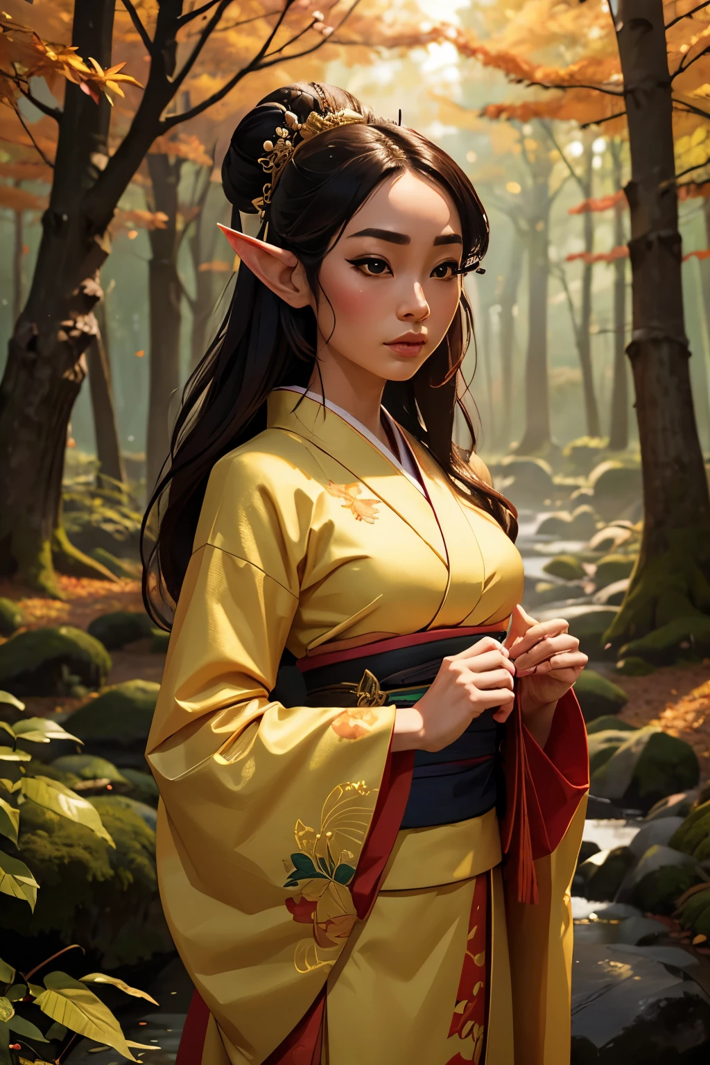 (Super elaborate CG Unity 8K wallpaper), (masterpiece), (highest quality), (realistic), geisha, kimono, dance, elf, pointed ears, ((best quality)), (super detailed)), (((photo)), autumn Japan forest  