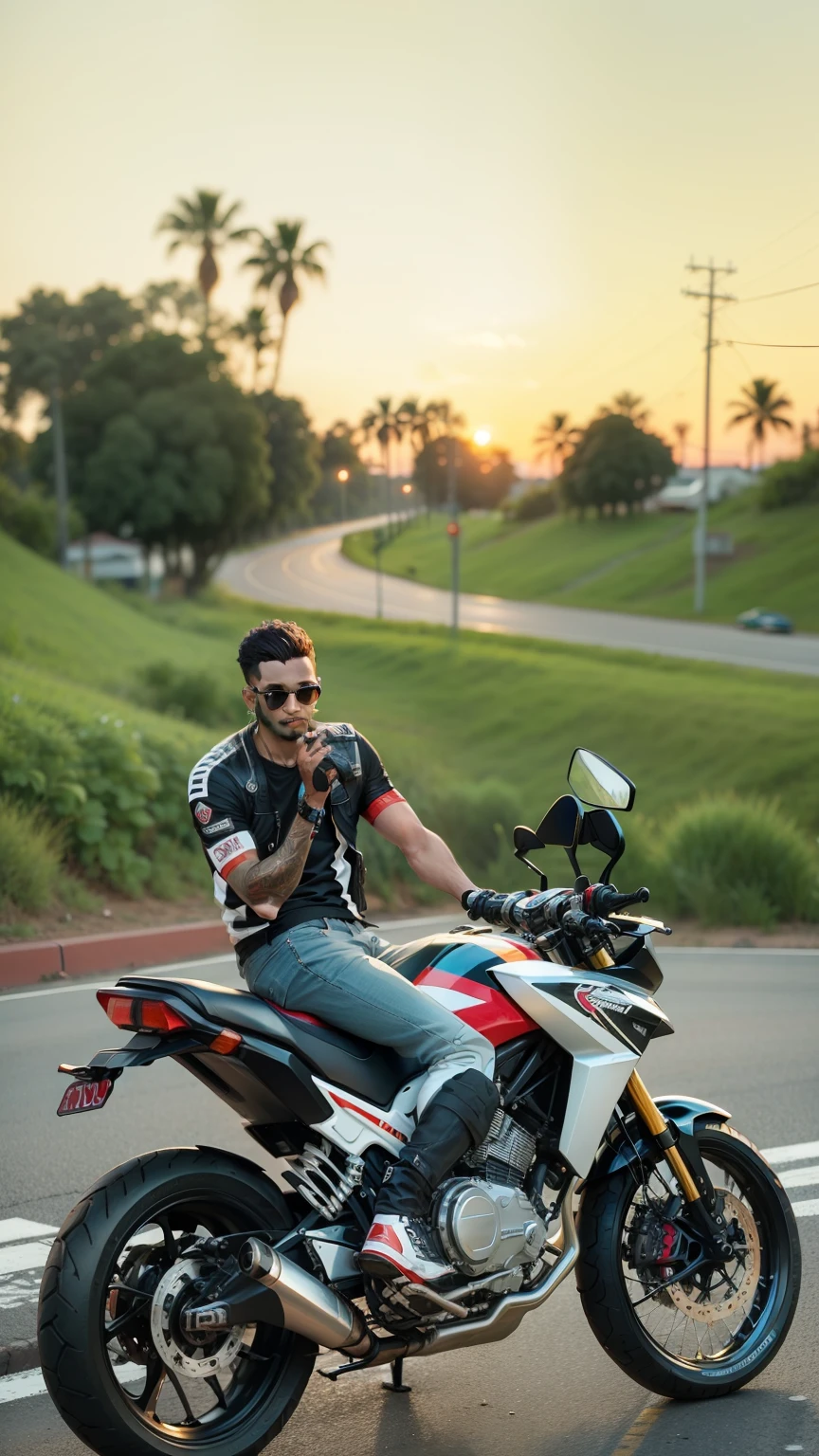 there is a man sentado em uma motocicleta on the road, sentado em uma motocicleta, caio santos, por Willian Murai, with sunset, inspirado em Nathan Oliveira, mateus 9 5, dirigindo uma moto, by Felipe Seade, pose legal, estilo mohamed chahin, edu souza, by Július Jakoby, At the sunset