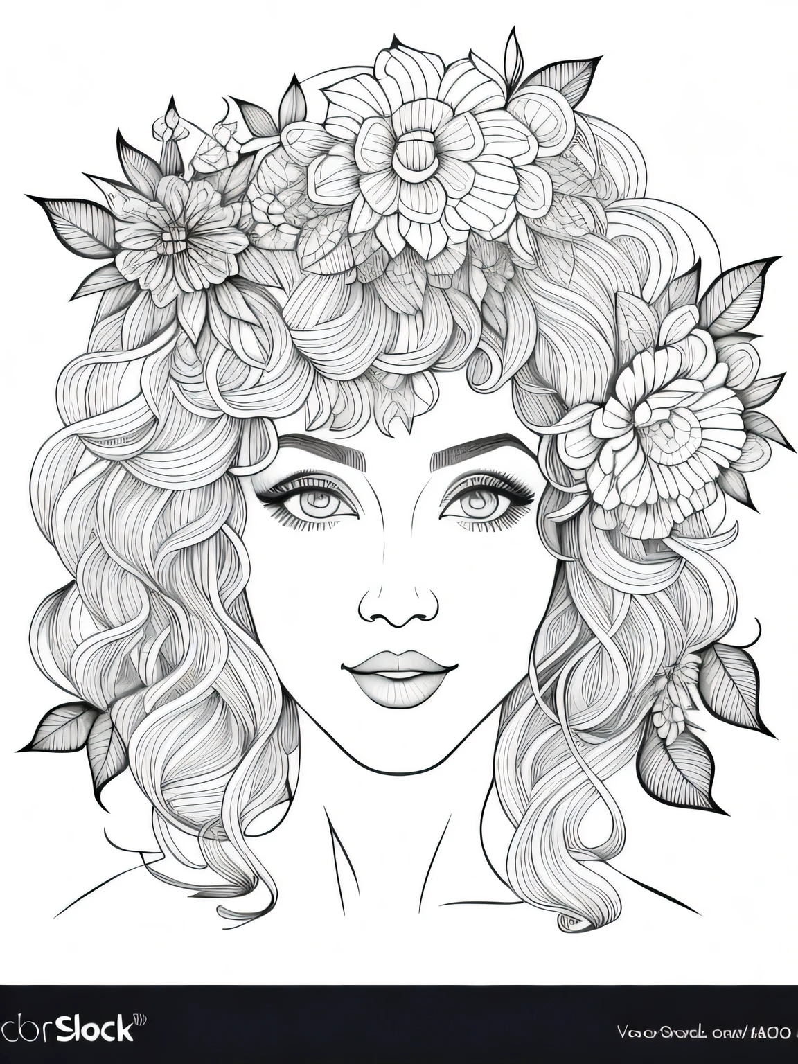 a woman with a flower in her hair and a wreath, clean coloring book page, traditional drawing style, beautiful line art, detailed feminine face, beautiful drawing style, line art colouring page, beauty woman with detailed faces, drawn with photoshop, line art portrait, her face framed with curls, sketch black and white colors, outlined art, detailed beautfiul face