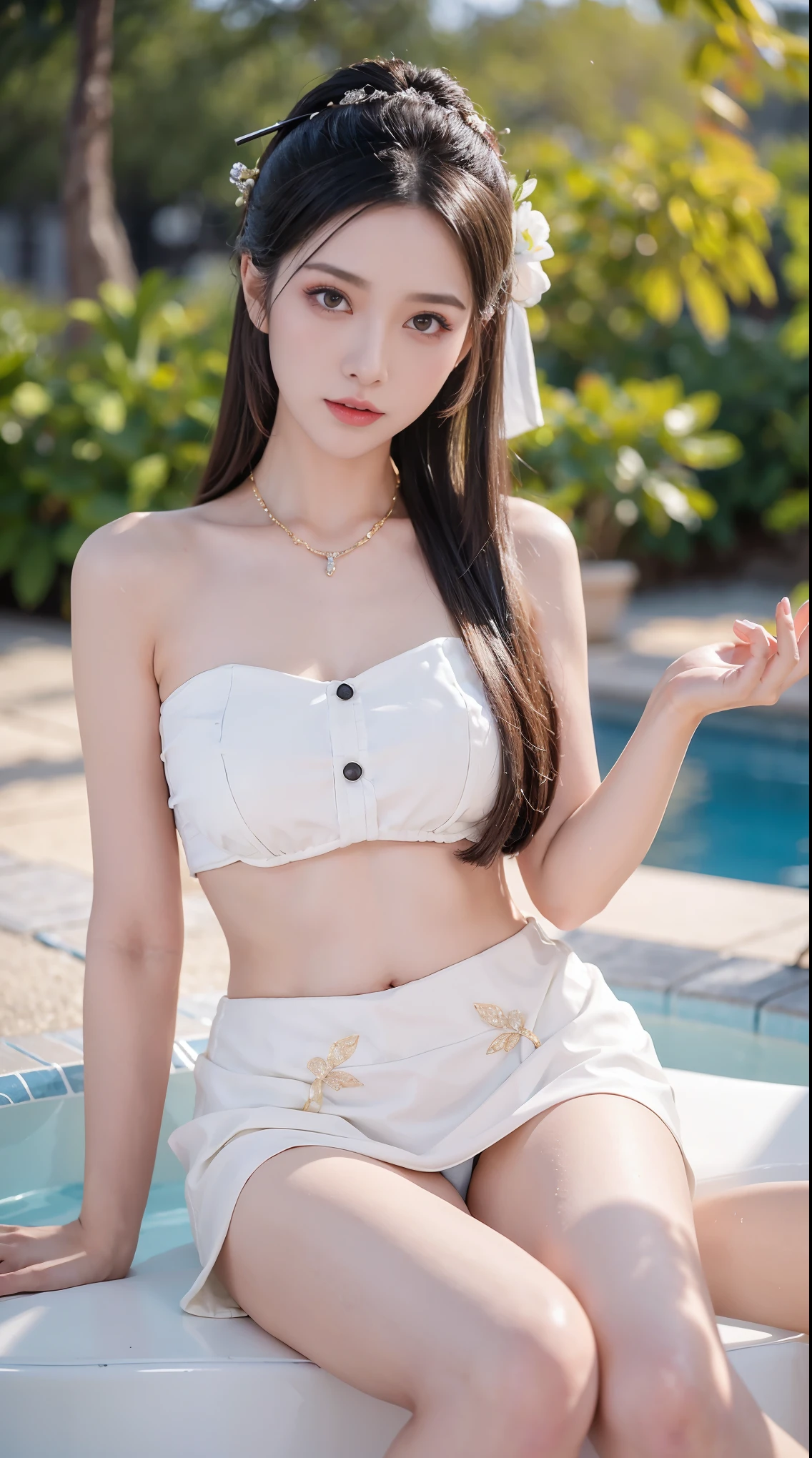 Best image quality,extremely high resolution,Very detailed,stunning girl,sitting in the pool,long eyelashes,big eyes,shining eyes,lying silkworm,plump lips,small nose,Happy expression,Sweet,Exquisite makeup,full-body shot,snow white skin,slim figure,take off shoulders,clavicle,abdomenband,abdomen,abdomen button,Slender white legs,White and tender skin,White embroidered mini skirt,necklace,Showing thighs,lace,Sweet,long hair flying,best quality,masterpiece,full-body shot,facial focus,slim figure,细腰白色abdomenband,imagine,full-body shot
Model: hanfu, CFG size: 7, Hire high-end talents: 1.5, Laura: future fashion(0.4)、neon(0.4)、martial arts(0.8)、Asian Face Girls-2(0.4)、poetic fairy tale(0.01)