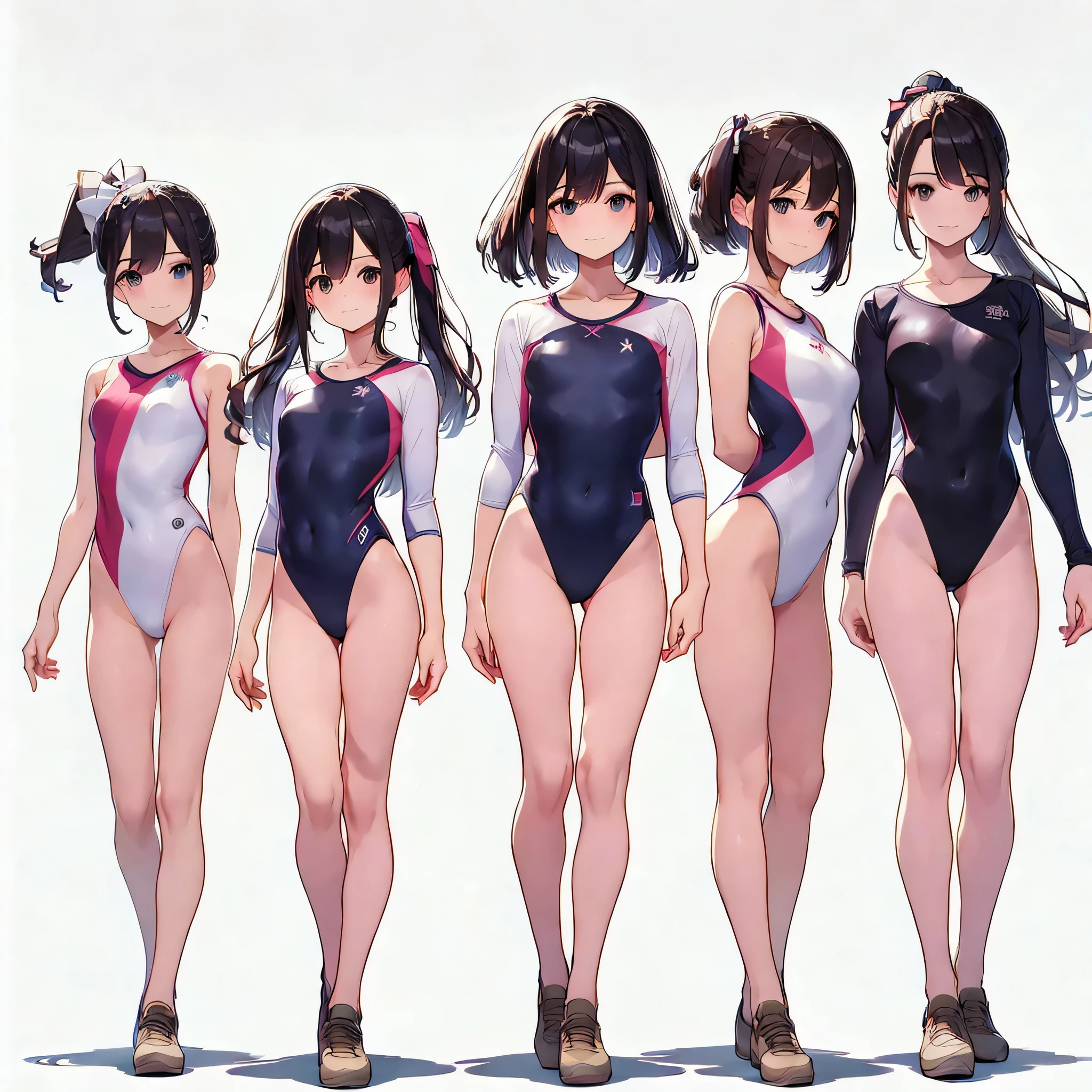 ((full body)),(masterpiece, best quality), (3 girls1.5) ,((Contrapposto:1.5)), looking at viewer, walking,((v_arms:1.2)), wearing gymnastics_longsleeves_leotard_outfit leotard:1.3),(black leotard) ,(solid leotard:1.3), BREAK masterpiece black hair, ((long hair:1.2)), ((parted bangs:1.3)), black eyes, good hand, ((small breasts)), (over 20 years old, under 25 years old:1.2), , spotlight, happy, smile, BREAK in the class room
