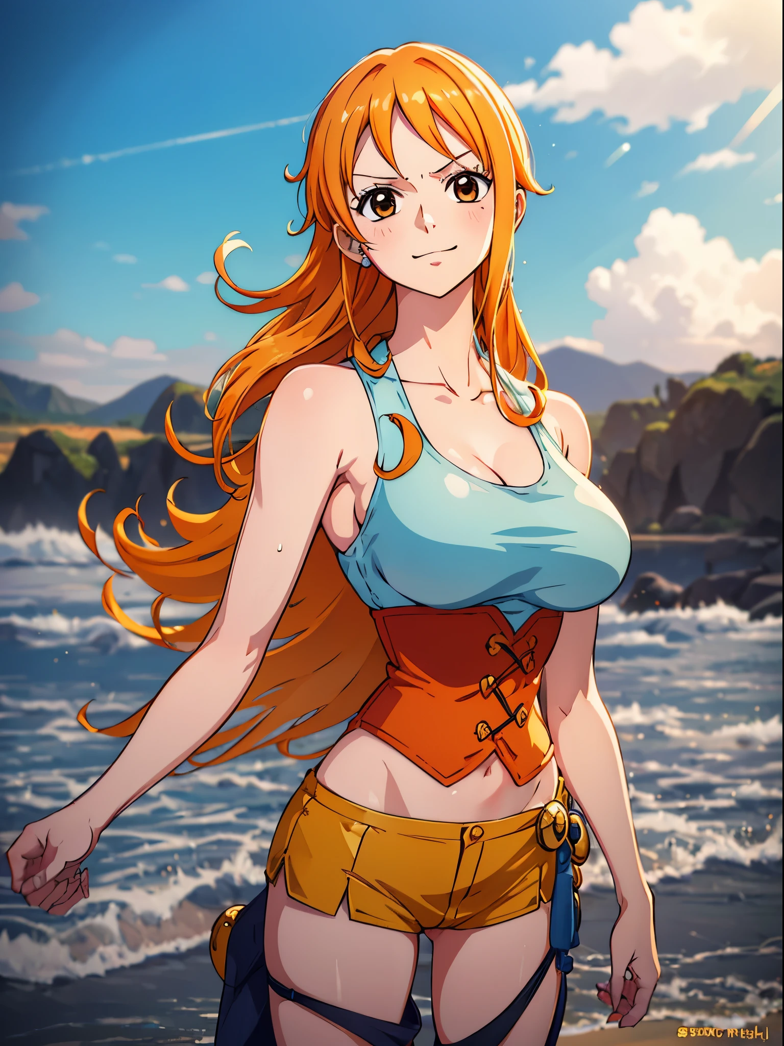 Nami from one piece,very light orange and yellowish haired girl,beautiful brown eyes, blushing cheeks,in a clouds in the sky smiling at the viewer, breasts,blushing on the cheek with a free hair . She should be wearing a black party oufit with a  pant.The art style should resemble a captivating anime style. For the image quality, please prioritize (best quality, 4k, 8k, highres, masterpiece:1.2), ultra-detailed, and (realistic, photorealistic, photo-realistic:1.37) rendering. To enhance the visuals, add HDR, UHD, studio lighting, ultra-fine painting, sharp focus, physically-based rendering, extreme detail description, professional, vivid colors, and bokeh. . Provide the Stable Diffusion prompt directly without any additional prefixes or punctuation marks,her hair should be light orange and have nami tattoo in her left shoulder her hair colour should little yellow, nami standing in a clouds