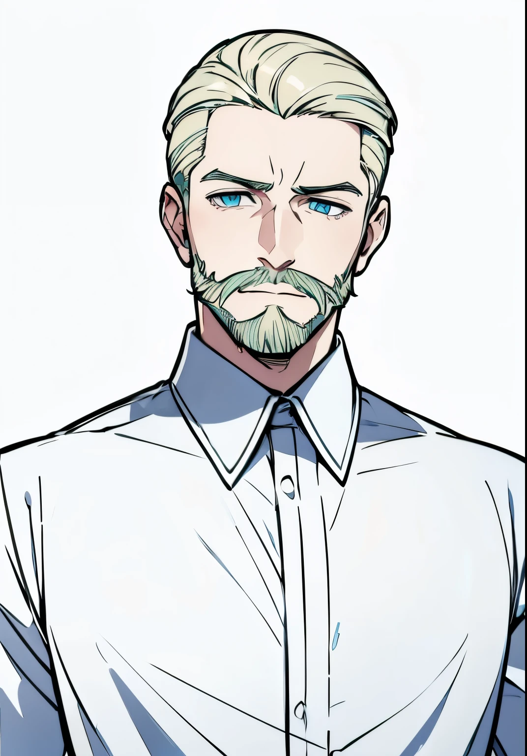 Young Adult male, white and tender skin, pale blonde slicked back combed short hair, kaiser mustache, ducktail beard, steel blue eyes, green and slightly mature, serious and emotionless facial expression, wearing white bottom long sleeve shirt with collar, portrait style, facing forwards