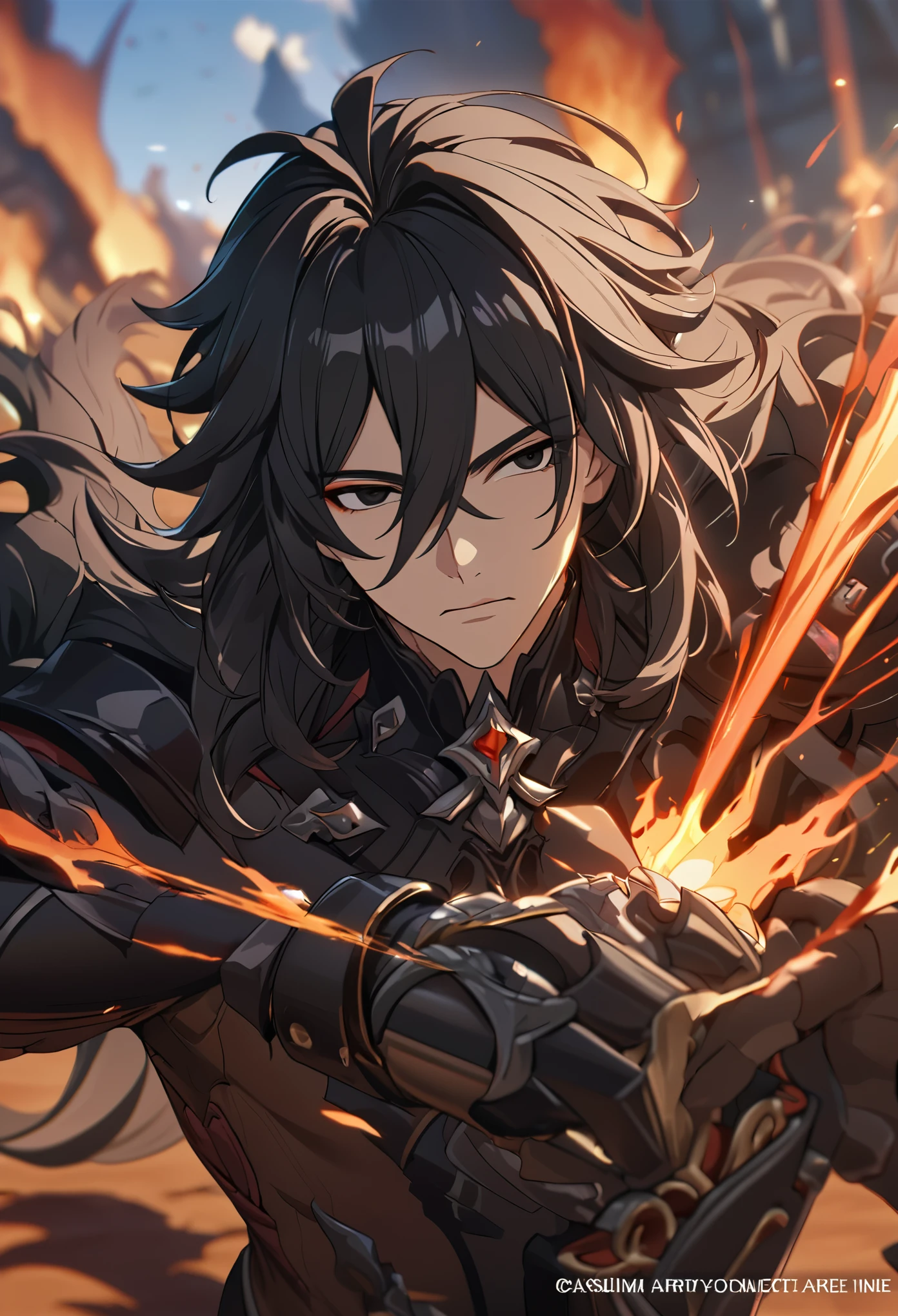 ((solo)), (man), black eyes, black hair, very long hair, messy hair, hair a close up of a person with a sword in a desolate land surrounded by demons and monsters, a burning field, detailed key anime art, honkai star trail character, casimir art, masamune shiro, masamune, handsome guy in demon slayer art, genshin, heise jinyao, shadowverse style, (no logos), hell, black powers, infernal scenery, detailed samurai armor, eye reflection, depth of field, cinematic lighting, ray tracing, depth of field, cinematic lighting, ray tracing, UHD, high details, best quality, highres, high quality, award winning, super detail, masterpiece, 8k, UHD, high details, best quality, highres, high quality, award winning, super detail, masterpiece, 8k
