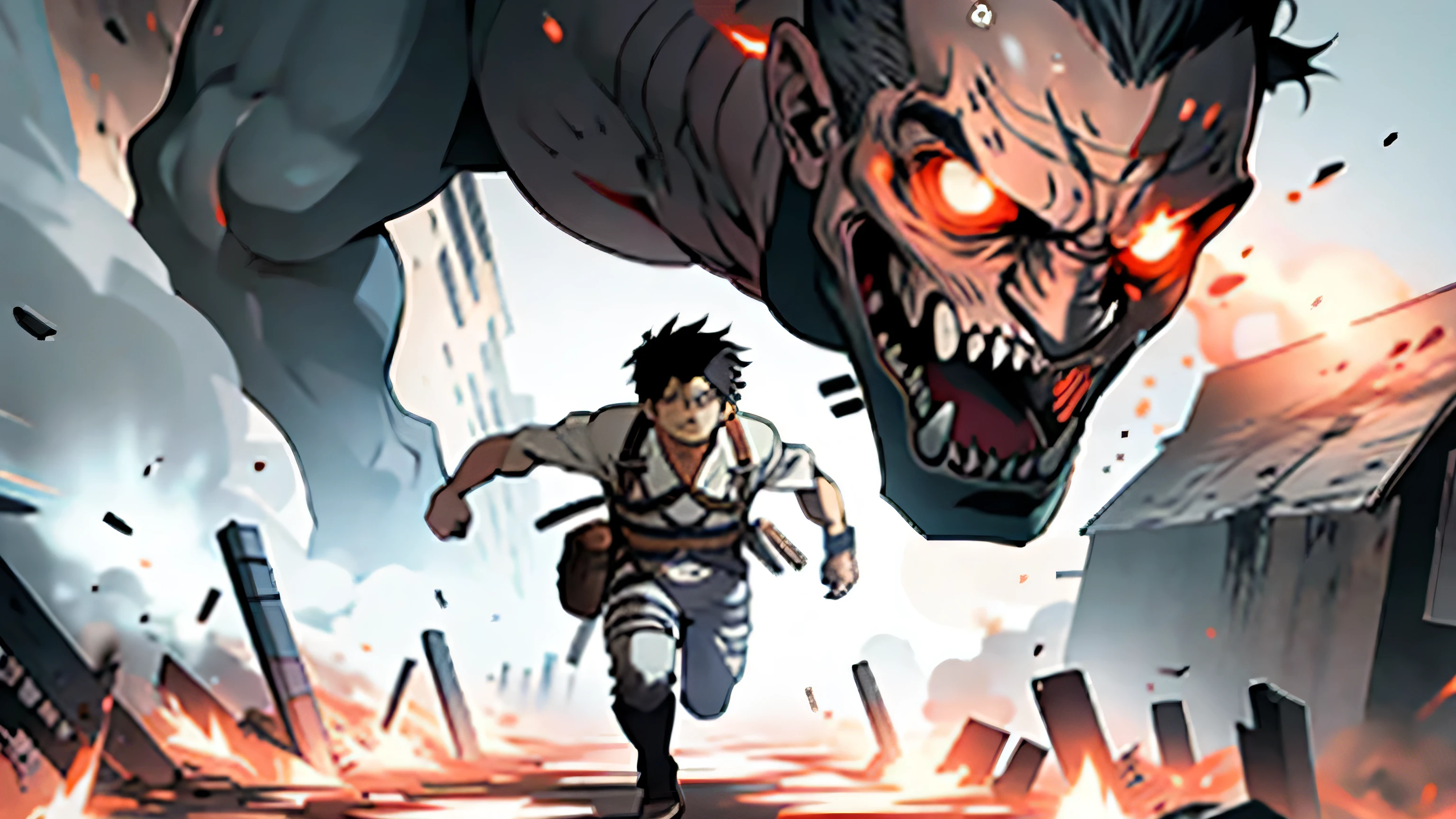 Create a tattoo of Eren from Attack on Titan fighting Sukuna