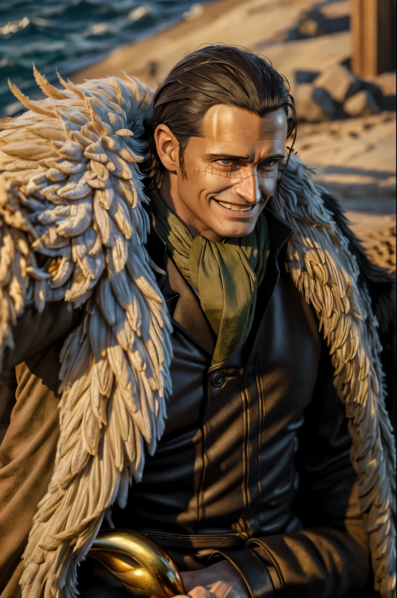 masterpiece, best quality, extremely detailed, hyperrealistic, photorealistic, a cool 40s man, ultra detailed face:1.2, fur-trimmed coat, scarf around the neck, his left hand is a golden pirate hook:1.1, sly smile, sea
