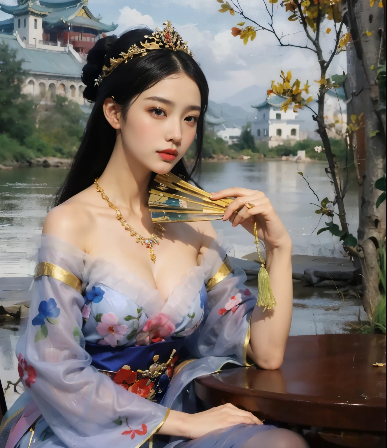 Painting of a woman in a blue dress holding a fan, beautiful character drawings, Beautiful Fantasy Empress, palace , girl in hanfu, traditional beauty, Inspiration from Feng Huazhong, Inspiration from Lan Ying, Yanjun Chengt, Inspiration from Qiu Ying, ((Beautiful Fantasy Empress)), Inspiration from Woobin