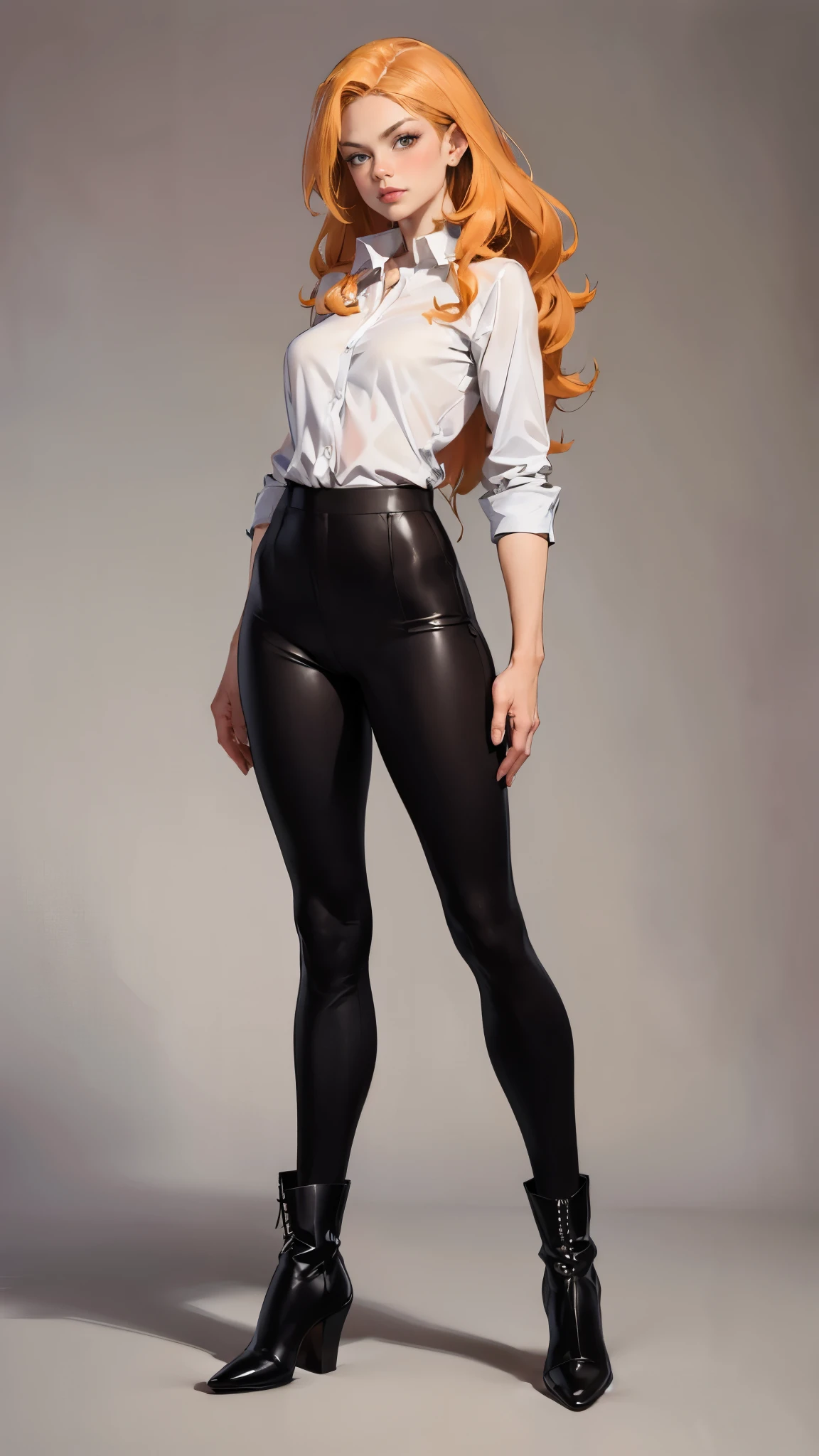 ((masterpiece,best quality,8k,highres)),((character concept art)), 1 female, young adult female , 26 years old, (tied up ginger hair), ginger hair, (fair skin colour), ultra finely detailed eyes (brown eyes colour), determined, strong will, charming,  seductive, focus, smart, elegant, calm, friendly, perfect body build ((slim, athletic)), ((intricate detail)), super finely detailed hands, ultra finely detailed fingers(((ten fingers))), wearing luxury equestrian jacket pant and boots with slim fit polo shirt, (standing still), ((full body showcase)), ((show full body)), (no logos on background), (no logo), ((plain background)), ((plain background)), (((empty background)))