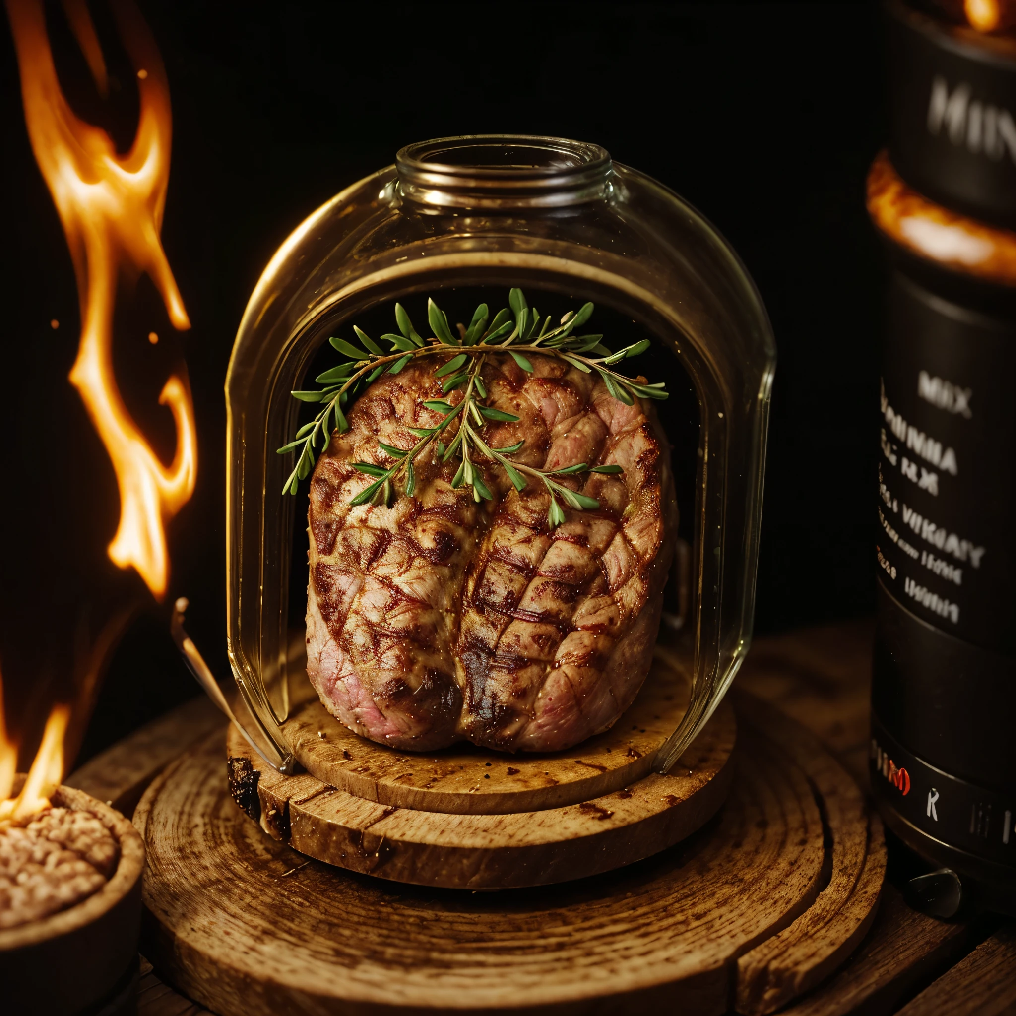 (An intricate (mini-(roasted meat) on a minitable) trapped in a jar), atmospheric oliva lighting, on the table, 4k UHD, dark vibes, hyper detailed, vibrant colours forest background, epic composition, octane render, sharp focus, high resolution isometric, (film grain:1.3), The light is sparkling, high quality photography, 3 point lighting, flash with softbox, 4k, Canon EOS R3, HDR, smooth, sharp focus, high resolution, award winning photo, 80mm, f2.8, bokeh