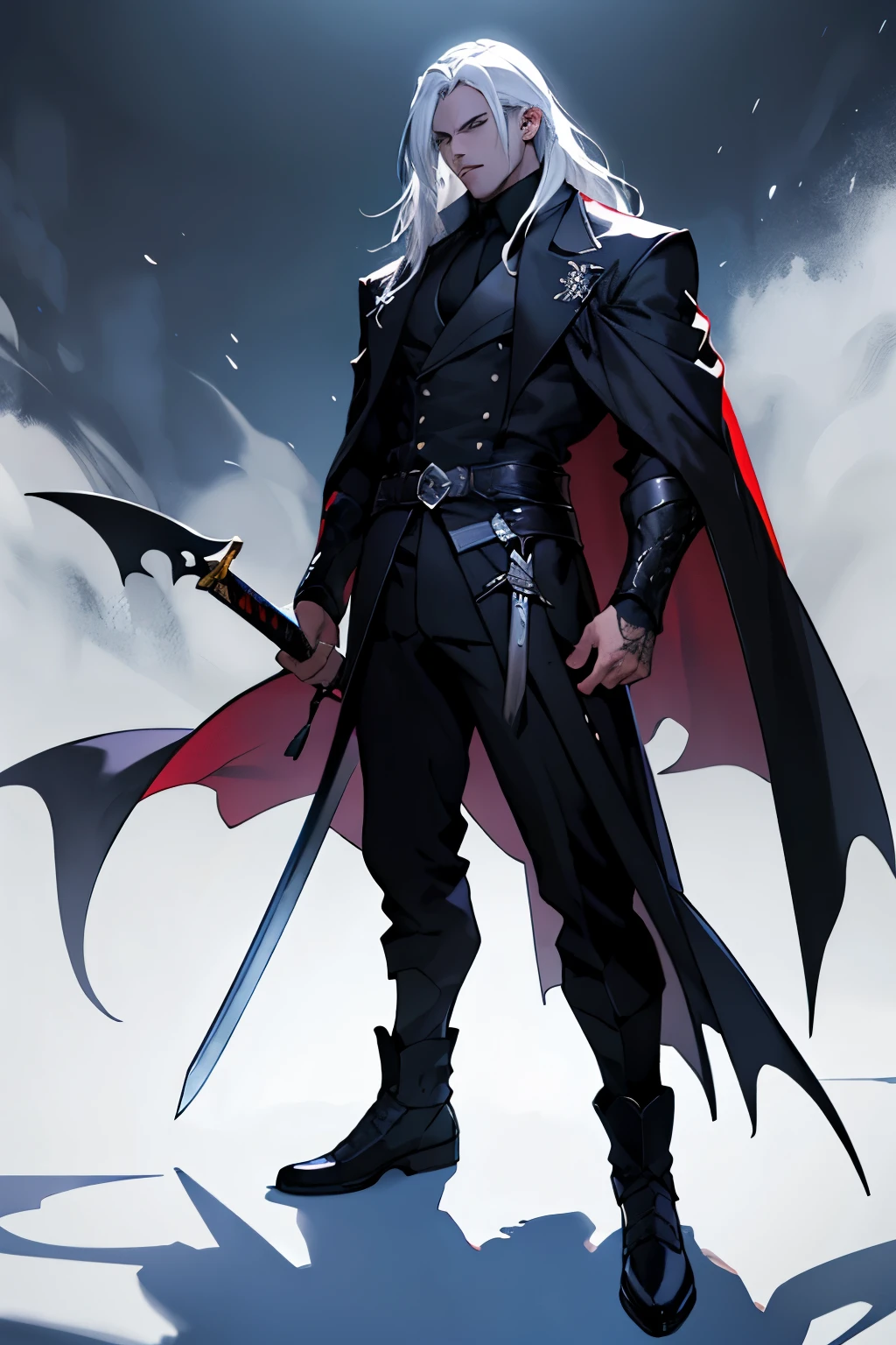 King of Shadows vampire epically standing long white hair long sword