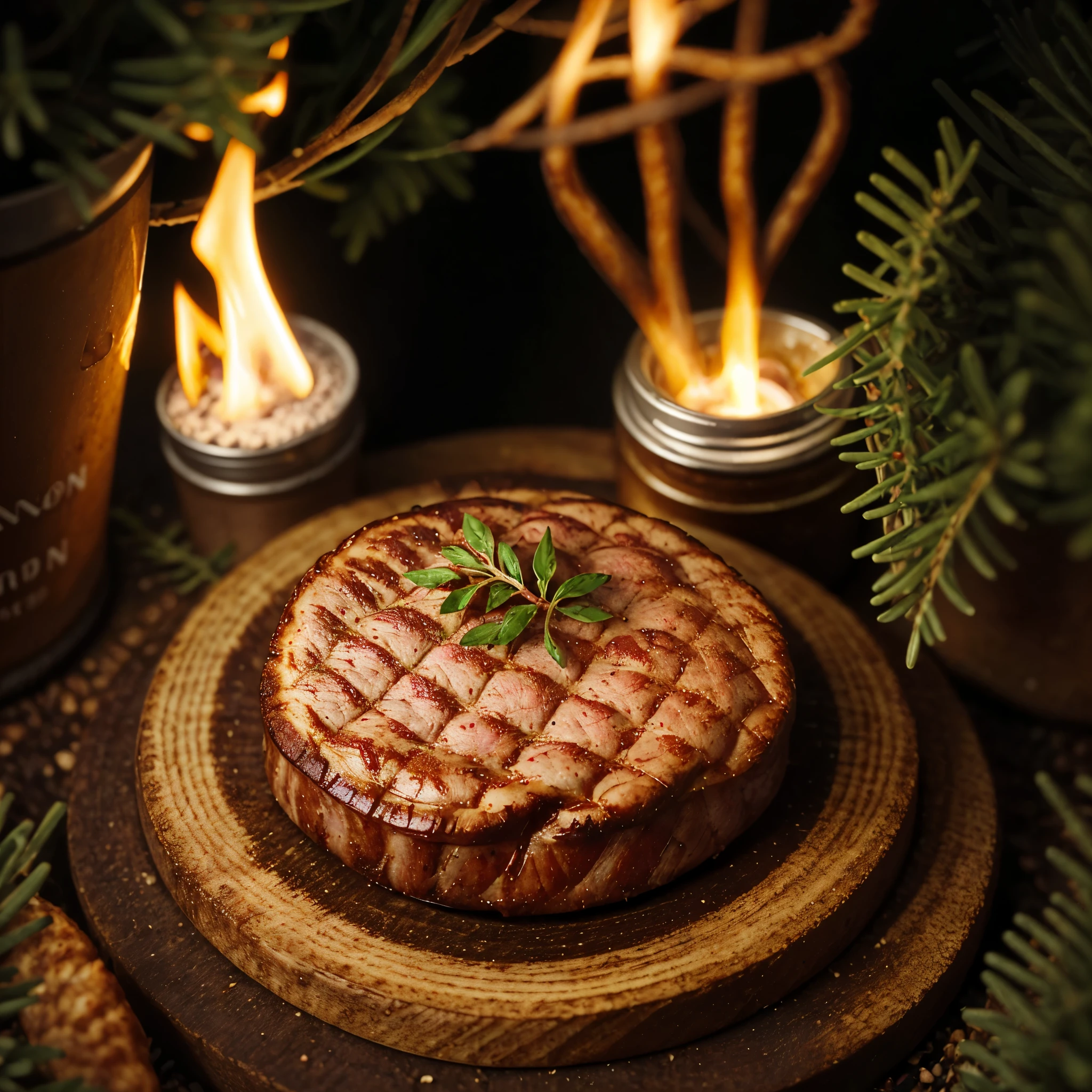 (An intricate (mini-(roasted meat) on a minitable) trapped in a jar), atmospheric oliva lighting, on the table, 4k UHD, dark vibes, hyper detailed, vibrant colours forest background, epic composition, octane render, sharp focus, high resolution isometric, (film grain:1.3), The light is sparkling, high quality photography, 3 point lighting, flash with softbox, 4k, Canon EOS R3, HDR, smooth, sharp focus, high resolution, award winning photo, 80mm, f2.8, bokeh