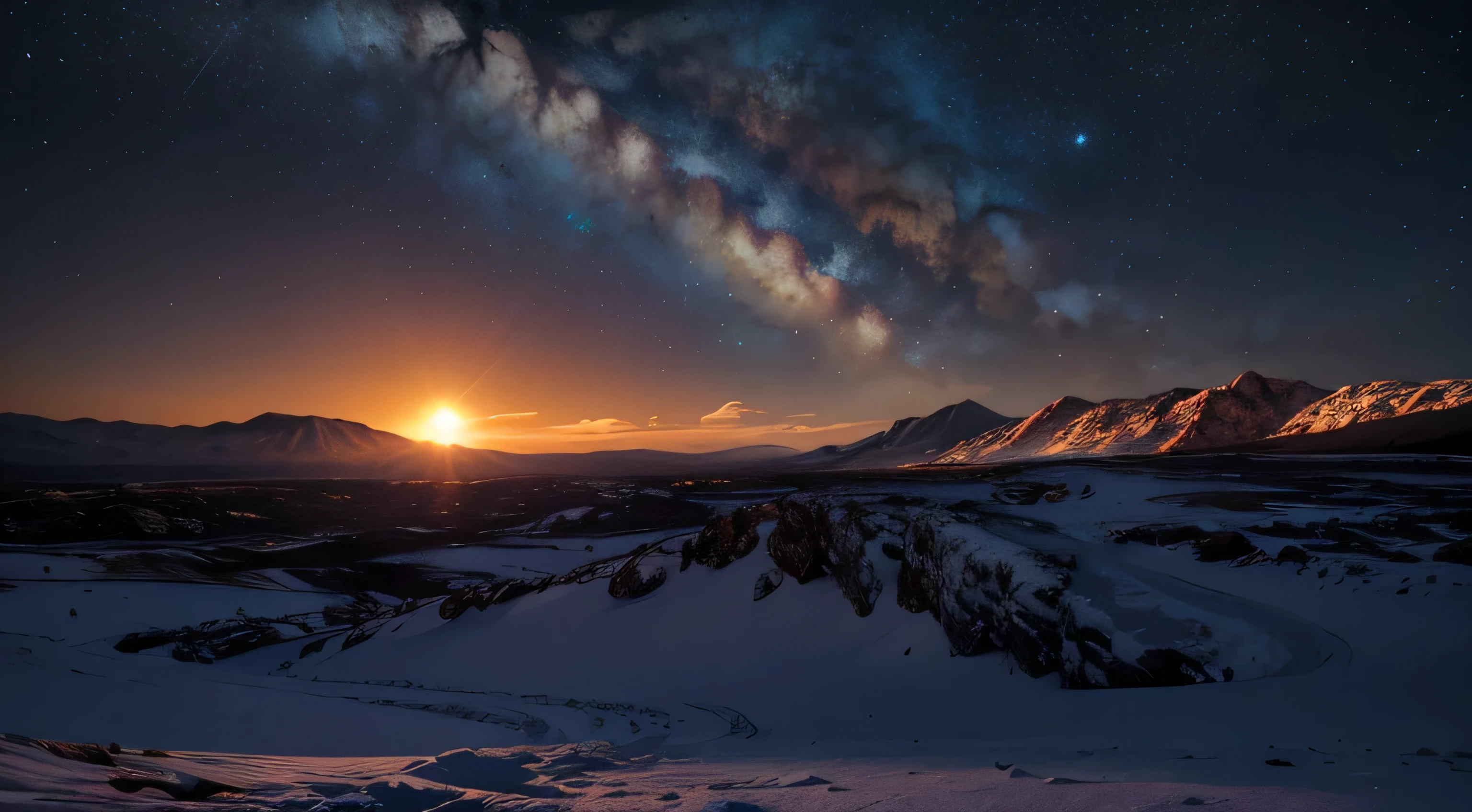 An landscape under the glow of an alien sun, with lava mountains and rocky terrain. The sky is clear, showing distant galaxies in the background.. In sharp contrast to its cold exterior, it glows warm inside, casting long shadows over its surroundings. in the style of Gabriele Dell'otto --ar 8:5 .4k