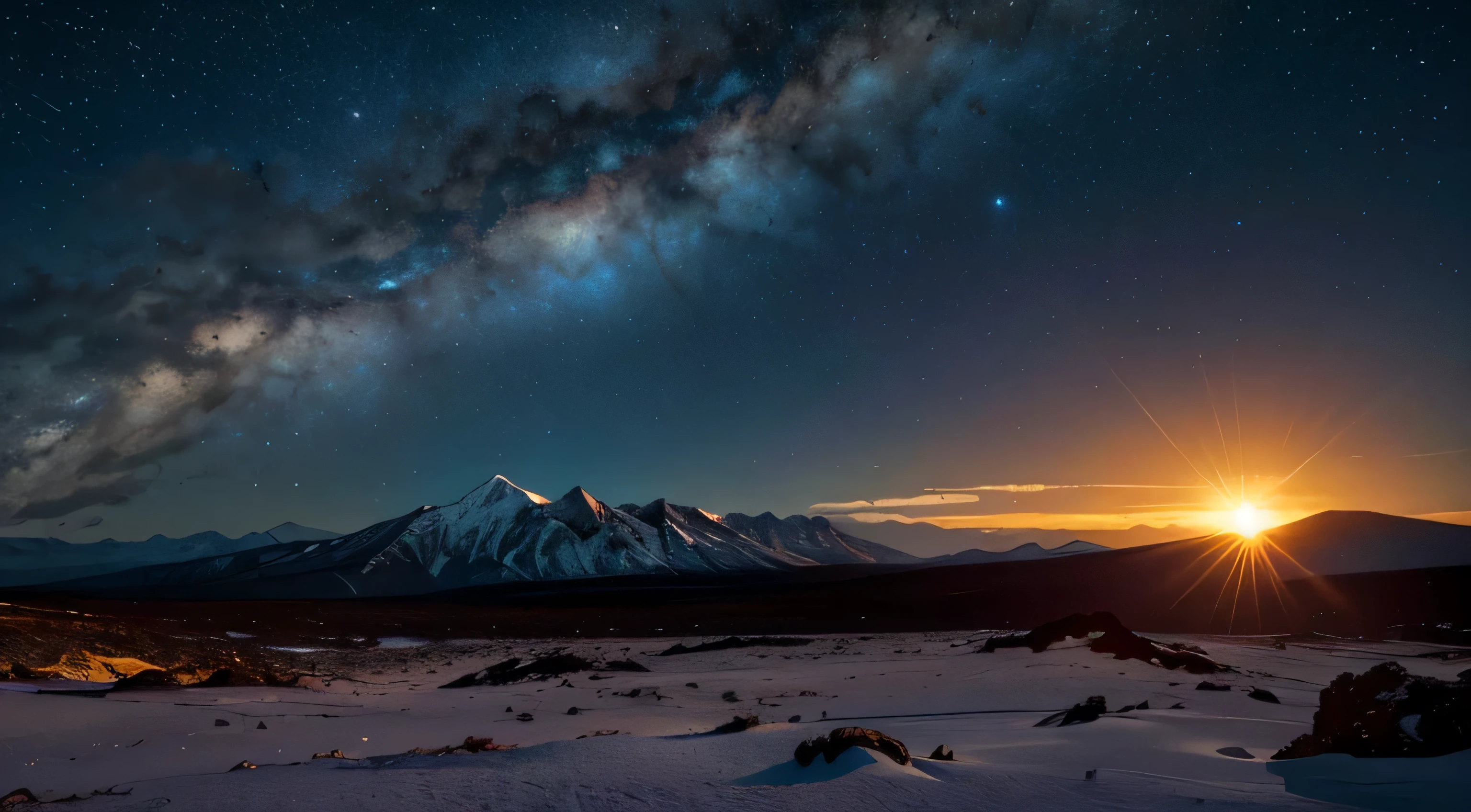 An landscape under the glow of an alien sun, with lava mountains and rocky terrain. The sky is clear, showing distant galaxies in the background.. In sharp contrast to its cold exterior, it glows warm inside, casting long shadows over its surroundings. in the style of Gabriele Dell'otto --ar 8:5 .4k